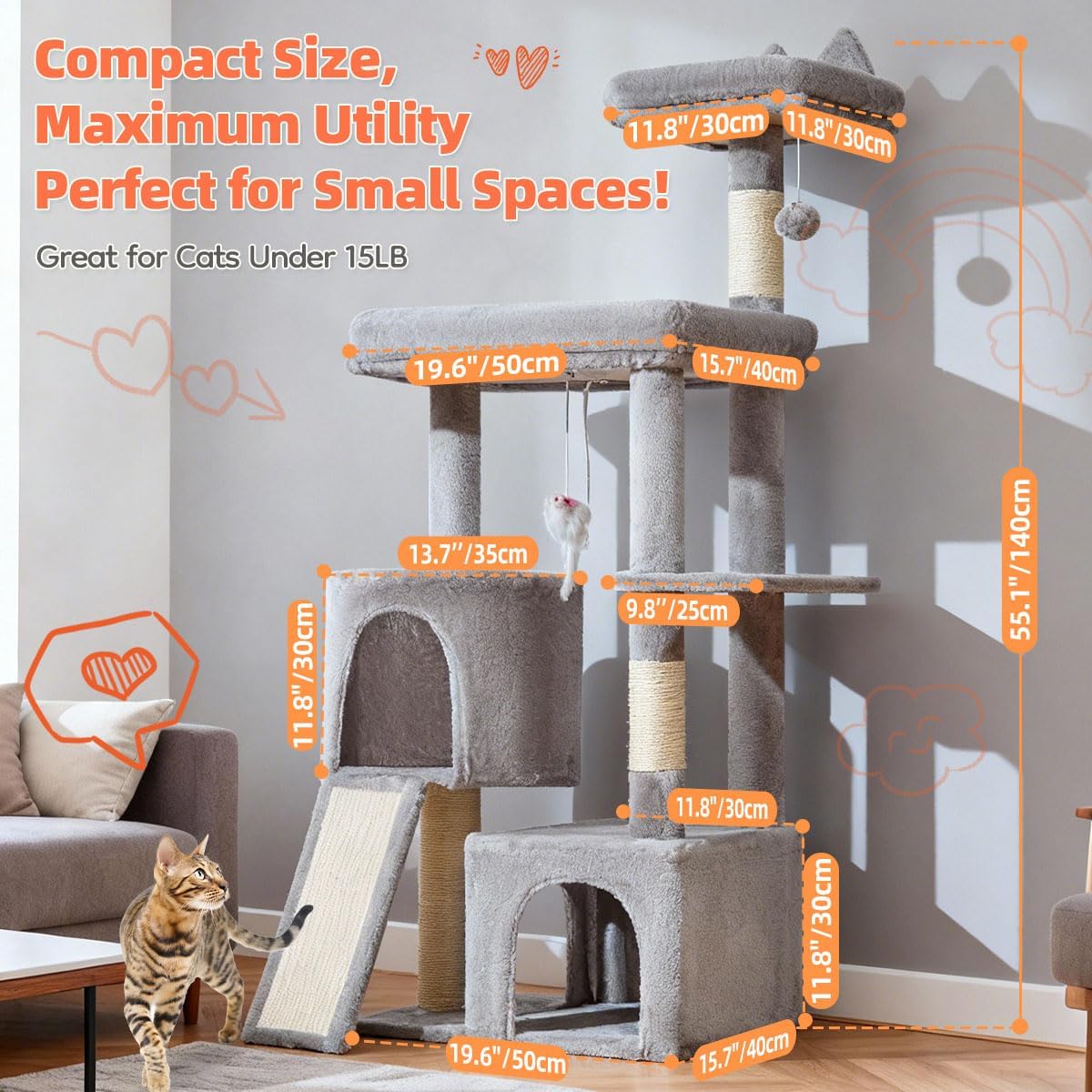 Taoqimiao Cat Tree for Indoor Cats, 55.1In Sturdy Cat Tower, Large Platform, Rotatable Round Condo with Large Scratch Board, Extended Cat House, Thickened Full-Sisal Scratching Post, Light Gray, F10W