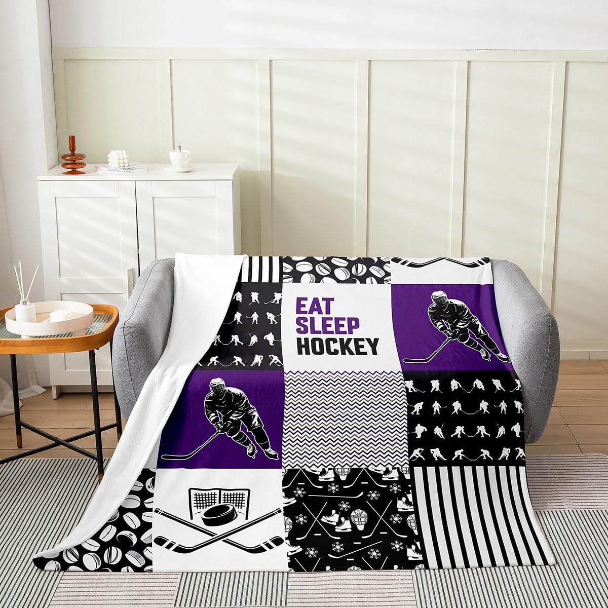 Erosebridal Ice Hockey Blanket Queen 90x90 for Kids Teens,Boys Hockey Throw Blanket Ultra Warm,Hockey Puck Fleece Blanket,Winter Sports Ball Game Bed Blanket Home Room Decor