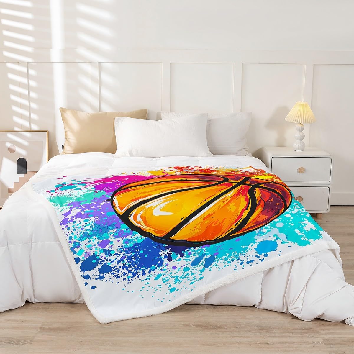 Watercolor Tie-dye Throw Blanket Cartoon Basketball Print Fleece Blanket Youthful Bed Blanket for Couch or Bed Sports Gaming Blanket Soft Warm Lightweight for Kids Adults Women Gift(Throw 50"x60")