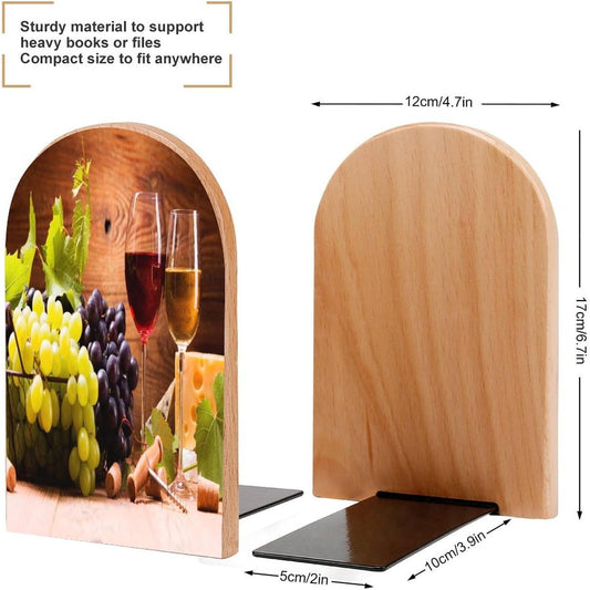 Wine and Grapes Wooden Bookend Non-Slip Book Ends Heavy Duty Book Stopper with Metal Base Books Holderd Decorative Bookends Stands Firmly for Office Supplies