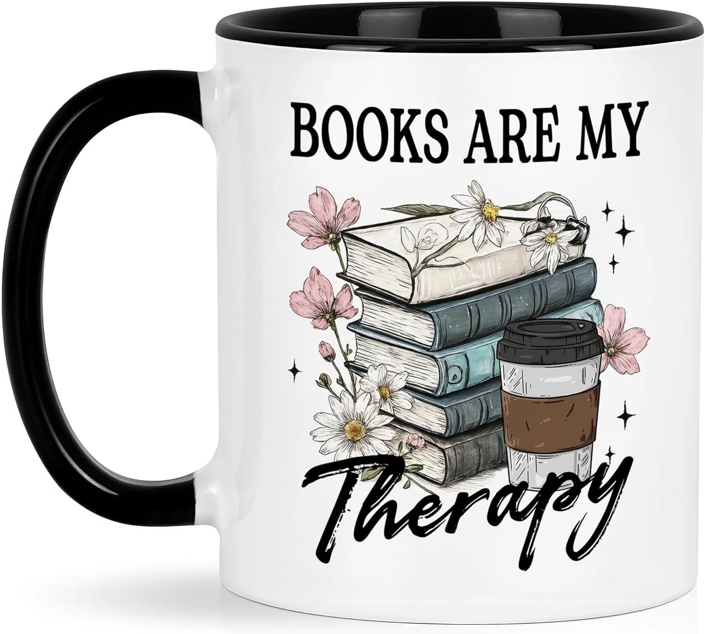 Book Lover Gifts - Books Are My Therapy Mugs with Black Handle, Bookish Coffee Mug with Stacked Book Design, Birthday, Christmas Gifts for Books Lovers Women, Bookworm Mugs for Readers