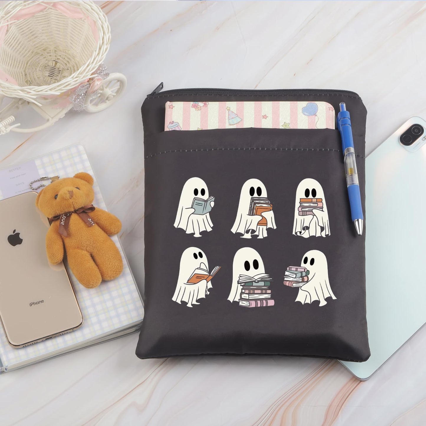 CHOORO Funny Ghost Reading Books Halloween Spooky Book Club Reading Book Pouch Protector Spooky Lover Gift for Book Lover (Ghost -Reading), BS-B02