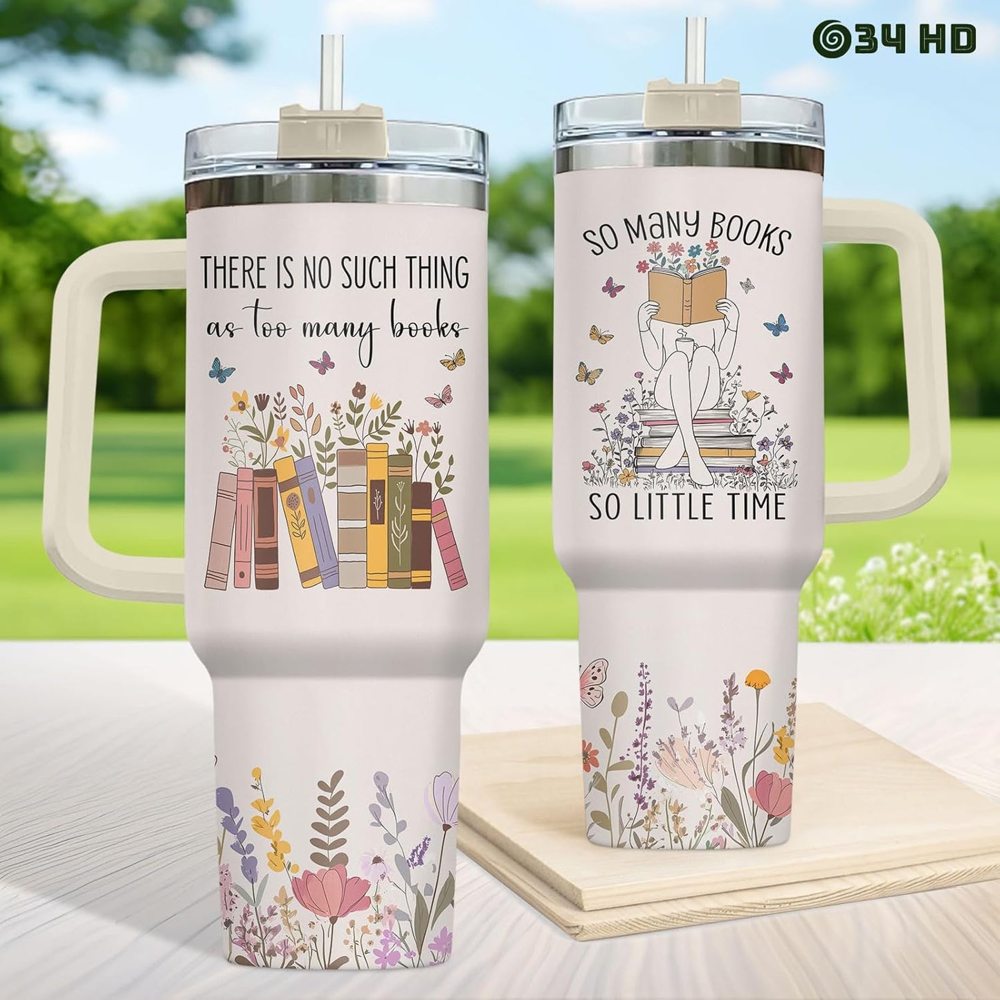 34HD Book Lover Tumbler 40oz with Handle and Straw, So Many Books So Little Time Girl Reading Vacuum Insulated Bookworm Mug, Bookish Gifts for Readers, Librarians & Booknerds