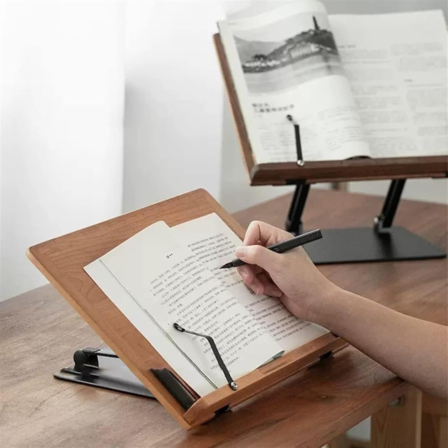 Book Stand Metal Book Holder with Paper Clips for Reading, 180° Rotate Book Holder, Wooden Cookbook Holder Stand, Laptop Stand Adjustable Height, for Writing (Color : Brown) (Brown) (Wood)
