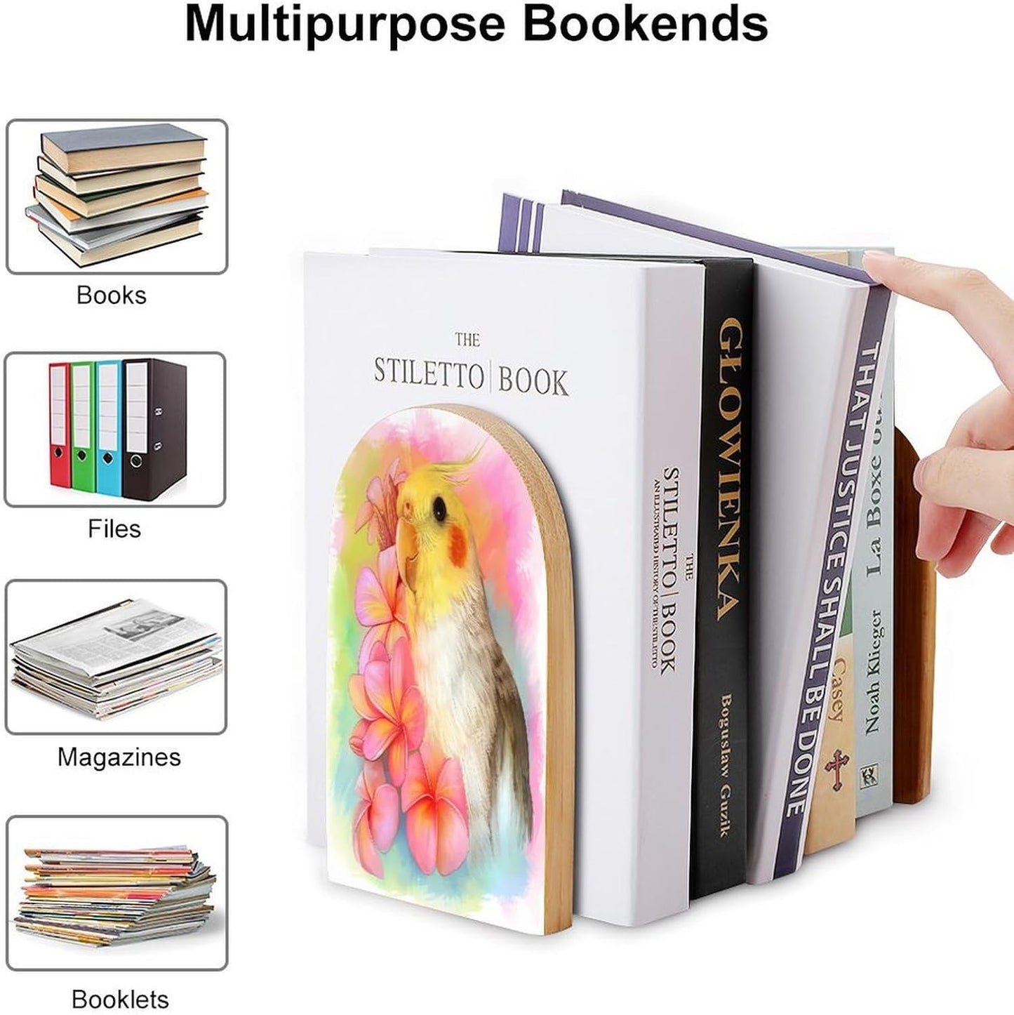 Cute Cockatiel Wooden Bookend Non-Slip Book Ends Heavy Duty Book Stopper with Metal Base Books Holderd Decorative Bookends Stands Firmly for Office Supplies