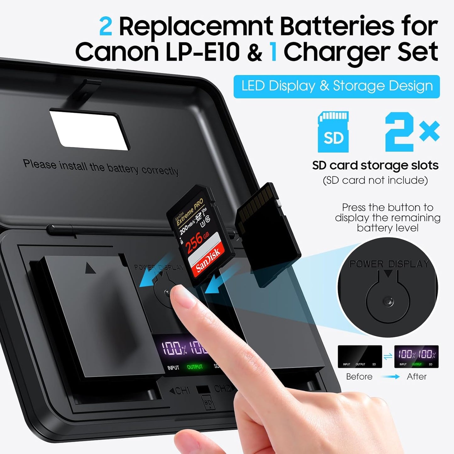 LP-E10 Battery 2-Pack 1600mAh and Digital Display Dual USB Charger for Canon LP E10,EOS Rebel T7 T6 T5 T3 T100,Kiss X50 X70 X80 X90,EOS 1100D 1200D 1300D 1500D 2000D 3000D 4000D Digital Cameras