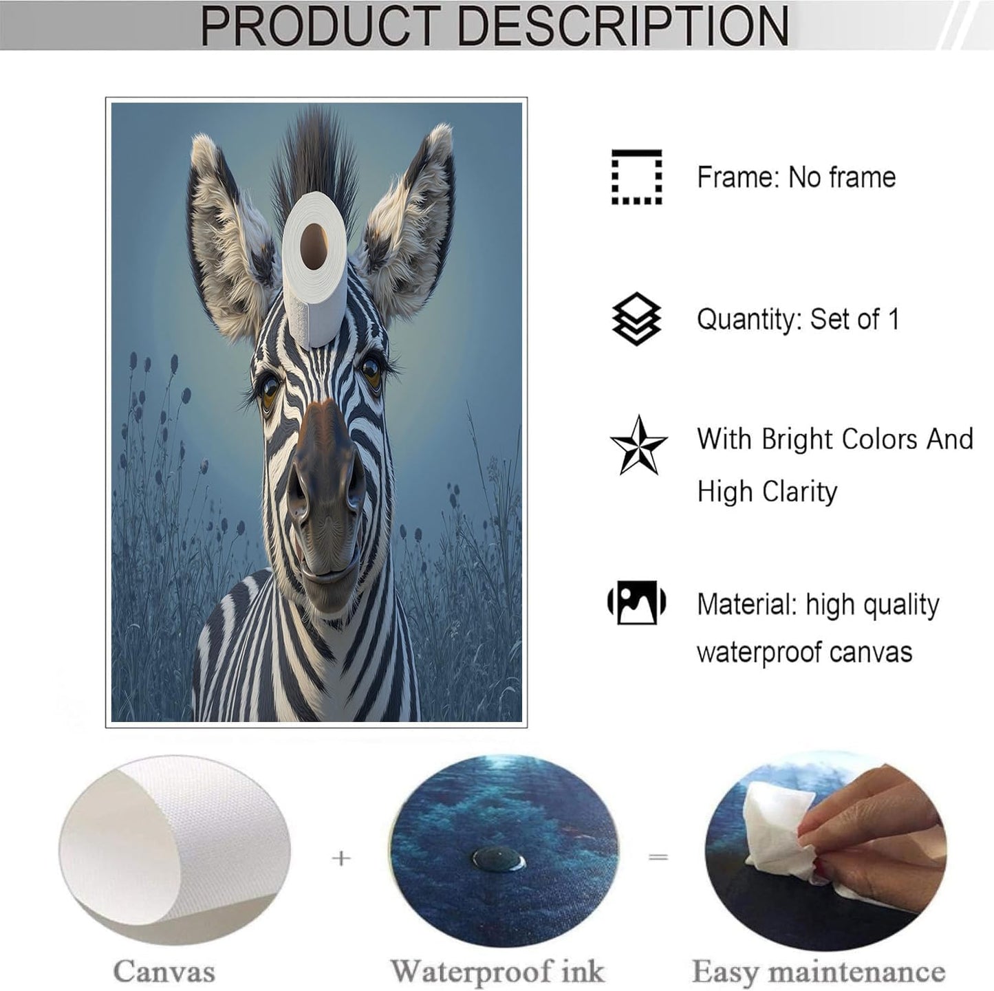 GDJSMIN Cute Animal Oil Painting Wall Art, Zebra With Toilet Paper Roll On Head Poster for Reading Room Living Room Decor 24 x 36 inch Unframed