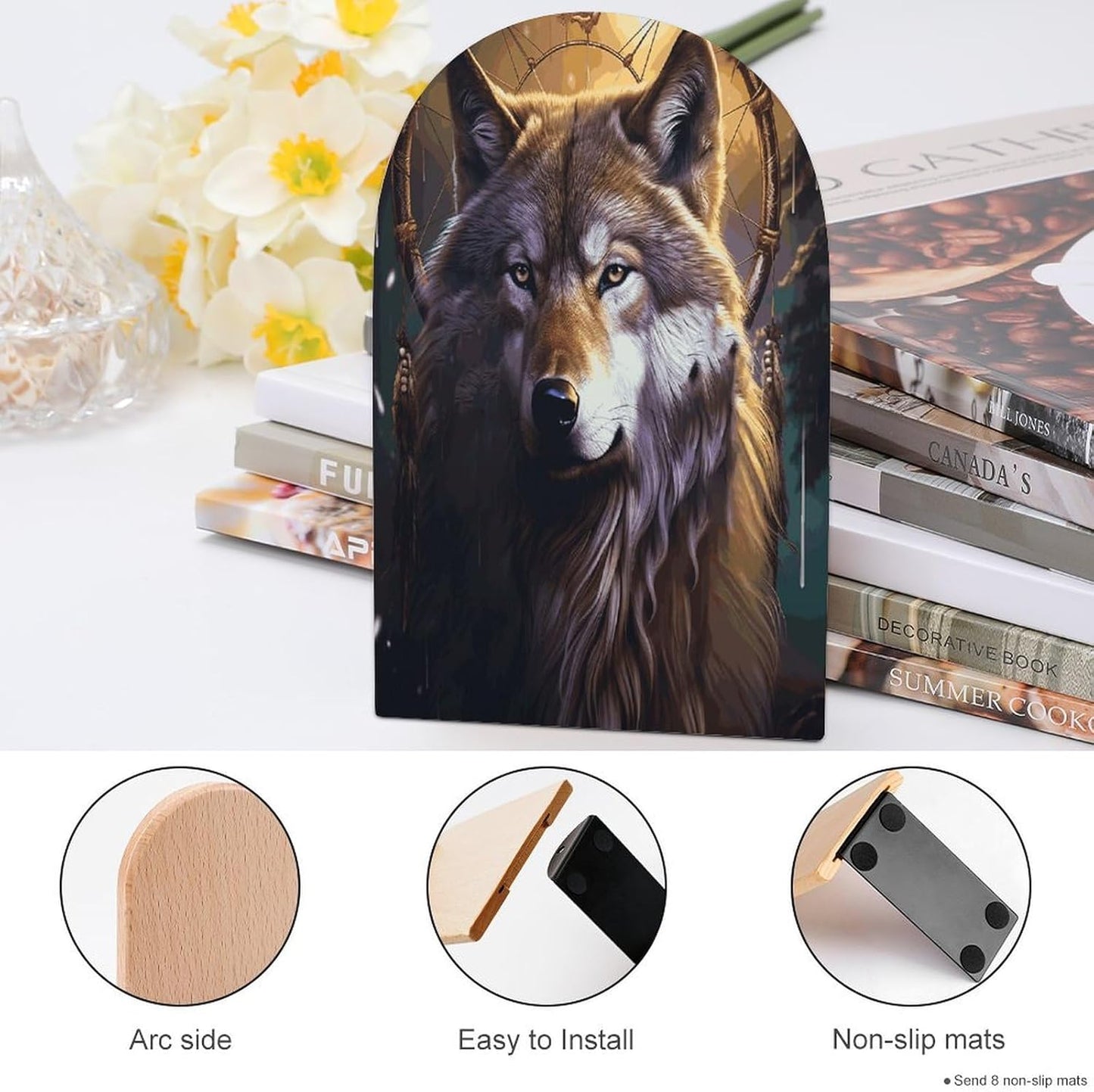 Wolves and Dream Catchers Bookend for Shelves Wooden Book End Large Size Sturdy Book Holders Stoppers with Metal Base for Bookshelves Slick Decorative Bookends Stands
