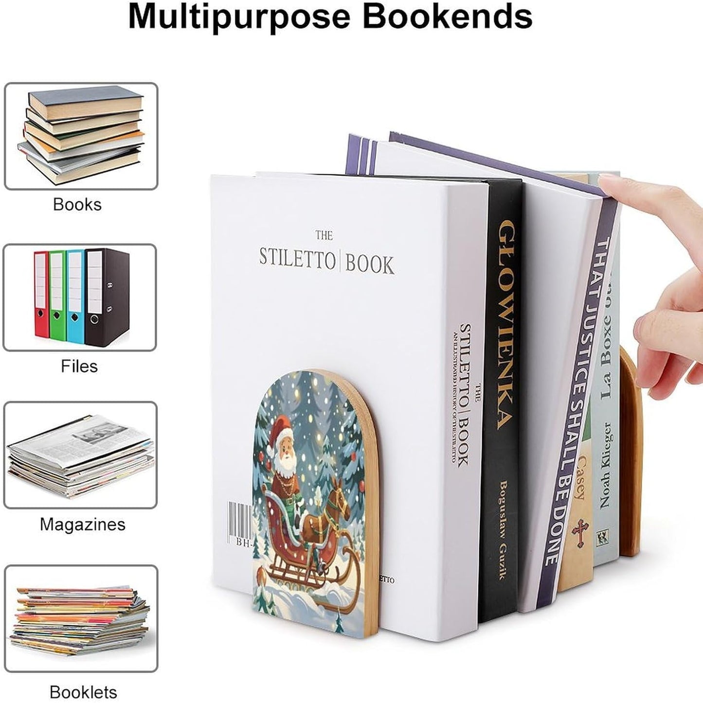 Christmas Sleigh Bookends 1 Pair Heavy Duty Book Ends for Shelves Non-Skid Bookend Supports Wooden Book Holders with Metal Base Desk Organizers Books Storage to Hold Books
