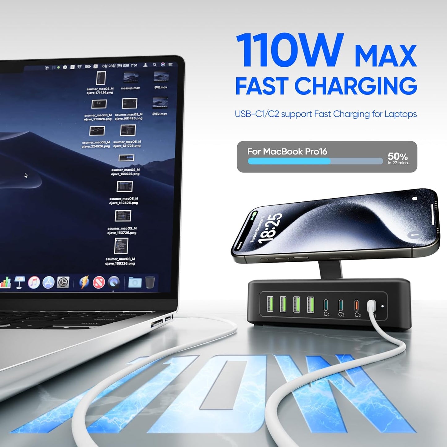 300W USB Charging Station, 11-in-1 USB C Power Strip Surge Protector, 2AC Outlets & 8USB Ports, 5ft Flat Plug Extension Cord with Multiple Devices, Desktop Charger for Home Office Desk Accessories