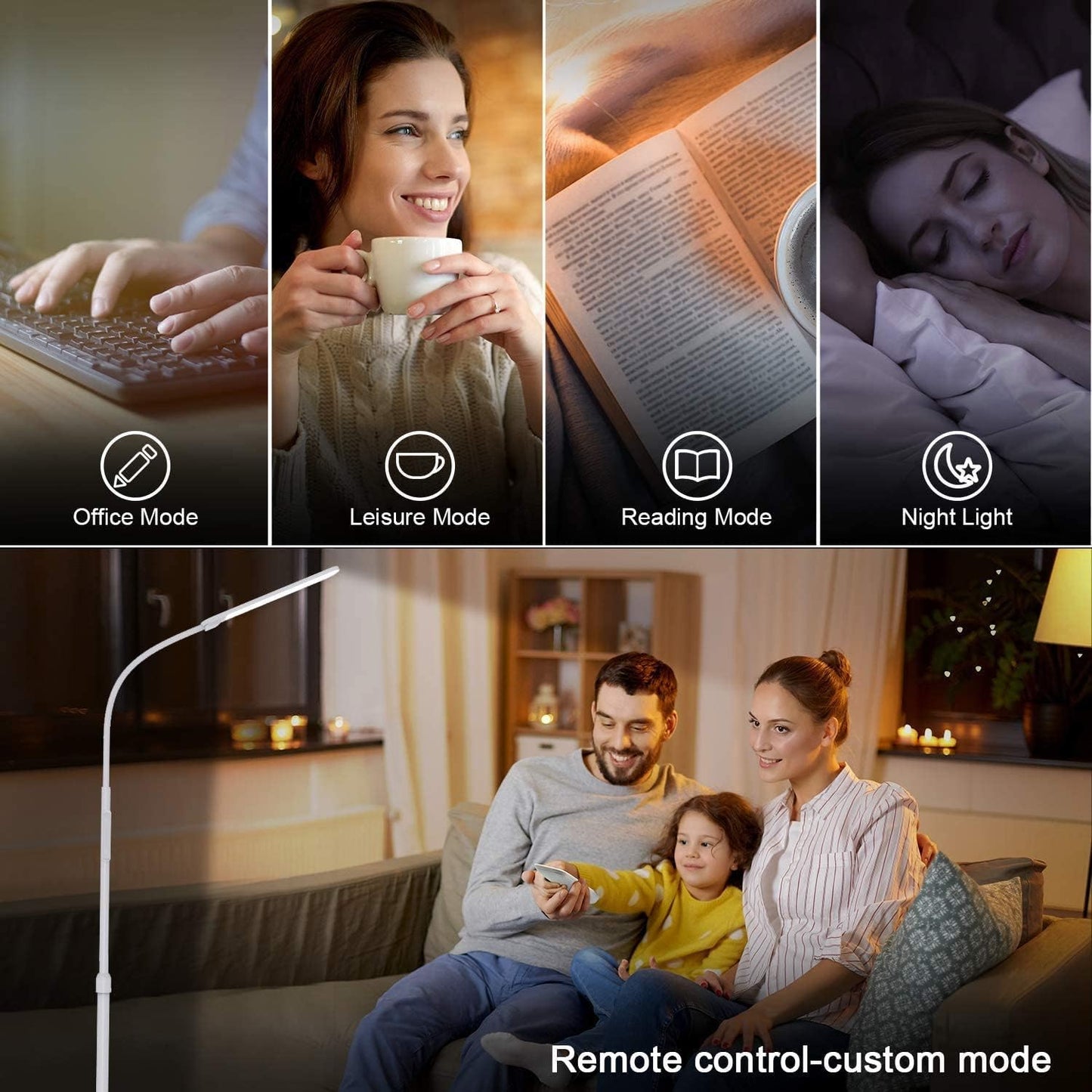 NXONE Led Floor Lamp,Modern Reading Adjustable Standing Height 4 Colors and Stepless Brightness Work Lamp for Living Room Bedroom Reading, White