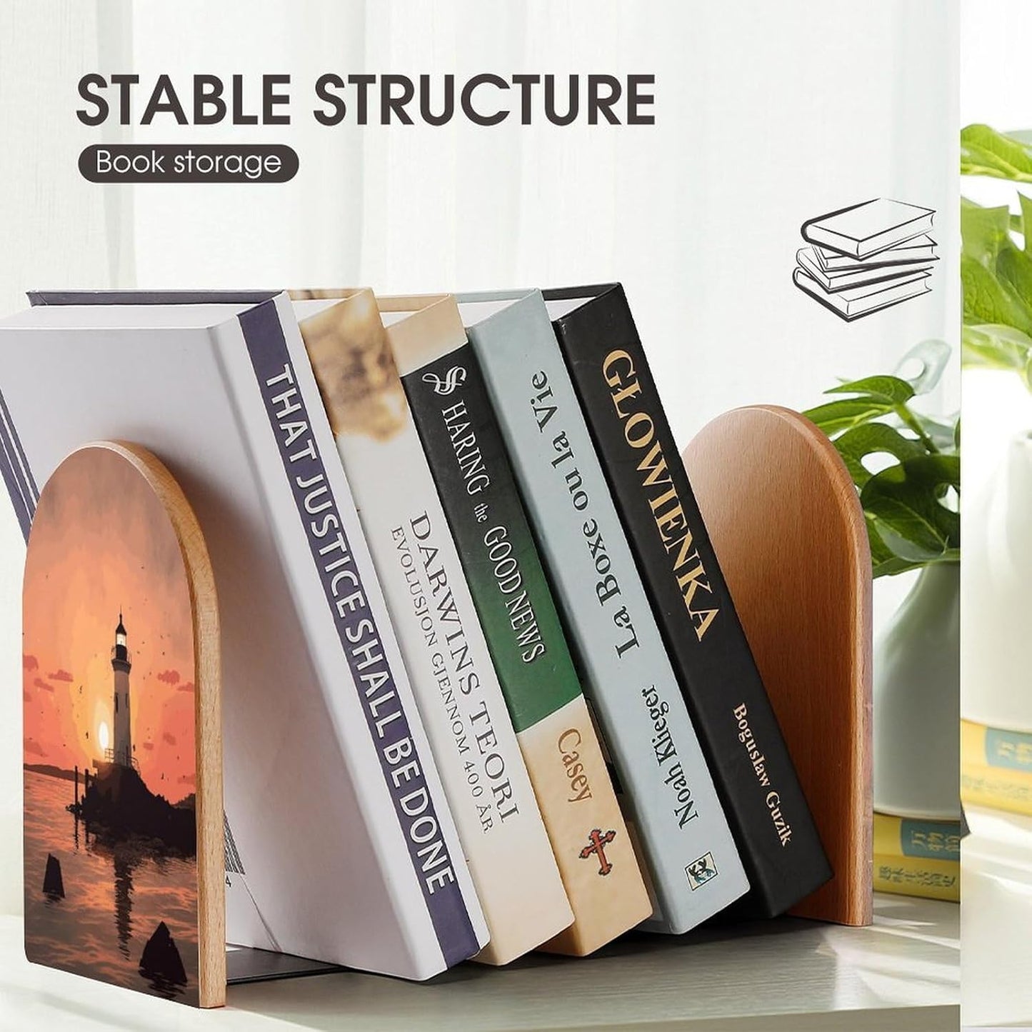 Lighthouse Sunrise Bookend for Shelves Wooden Book End Large Size Sturdy Book Holders Stoppers with Metal Base for Bookshelves Slick Decorative Bookends Stands