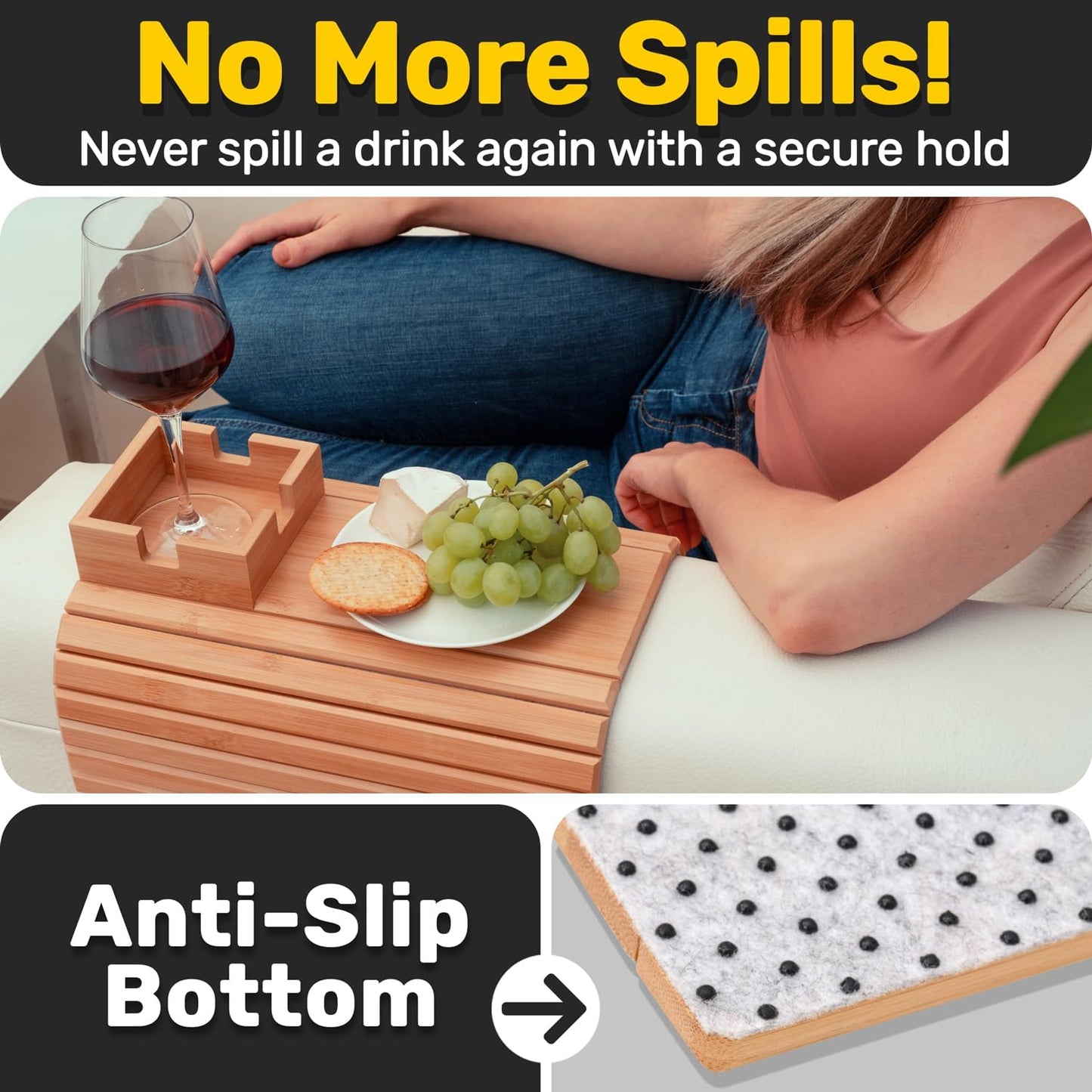 Bamboo Couch Cup Holder, Couch Arm Table & Couch Armrest Tray with Couch Cup Holder Tray Table for Couch, or Loveseat
