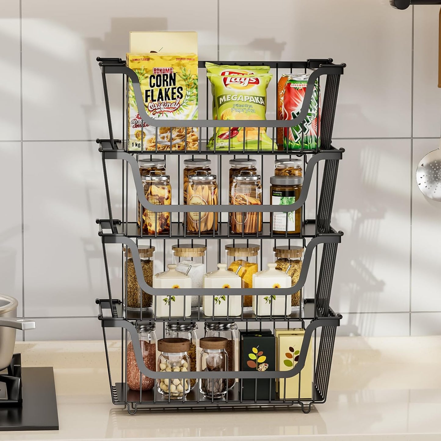 4 Pcs Stackable Wire Baskets for Pantry Organizers and Storage,Vegetable Fruit Basket for Countertop,Kitchen Storage Metal Baskets,Produce Potato Onion Storage Bin,Black