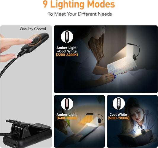 VAVOFO Amber Rechargeable Reading Light, Blue Light Blocking Book Light, 7 LEDs Eye Care 9 Colors 9 Brightness Clip On for Kids Bookworms Reading in Bed with Power Indicator Lasting 70h (Black)