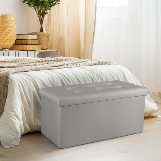 COSYLAND Ottoman Bench with Storage 30x15x15 inches Grey Ottoman for Room Folding Leather Ottoman Footrest Footstool Rectangle Collapsible Furniture with Lid for Bedroom Living Room
