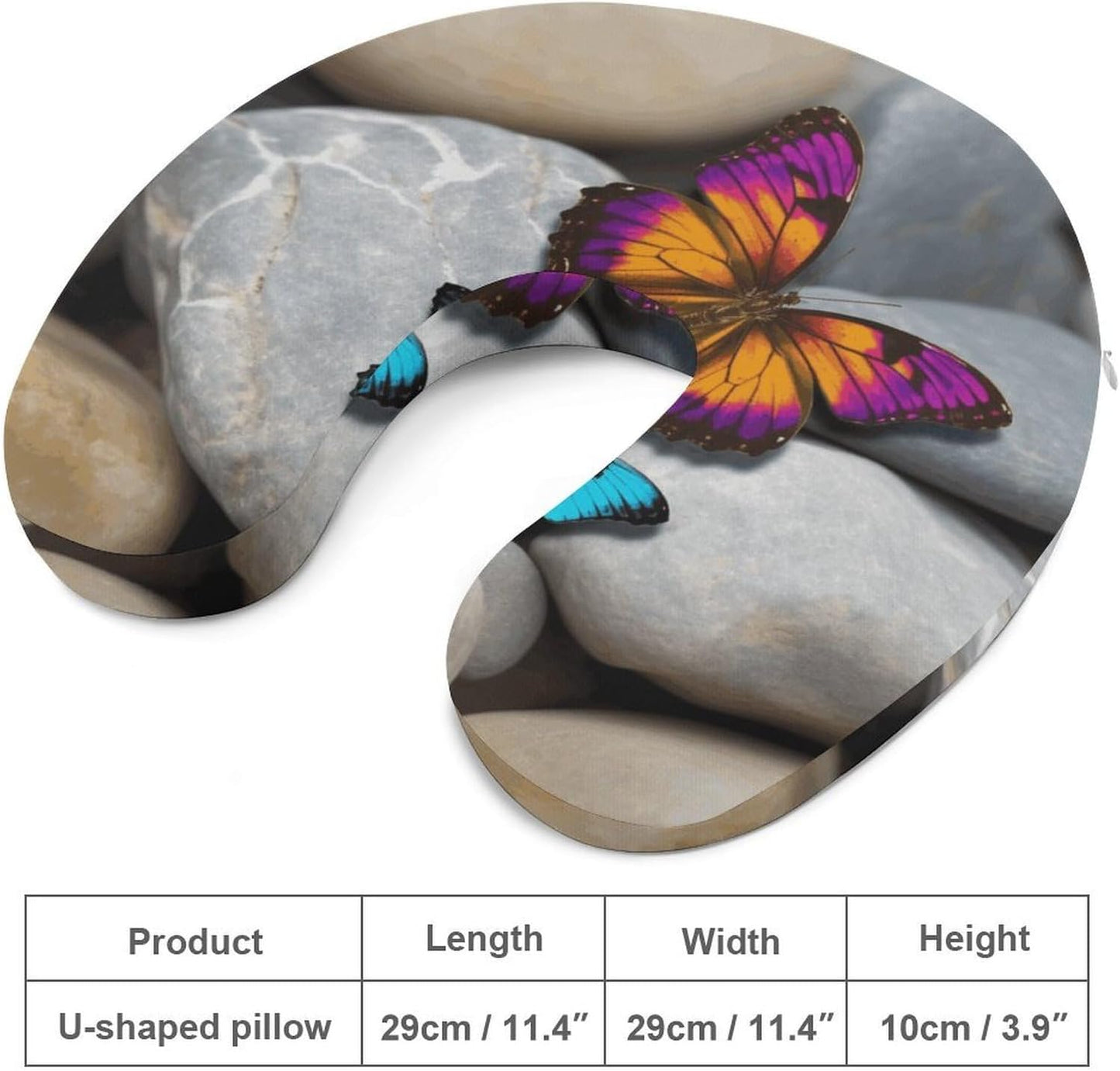 Colorful Butterfly Stone Neck Pillow Memory Foam U Shaped Pillows Portable Pillows for Shoulder Travel Head Support Pillow with Concealed Zipper for Airplane Car Home Office