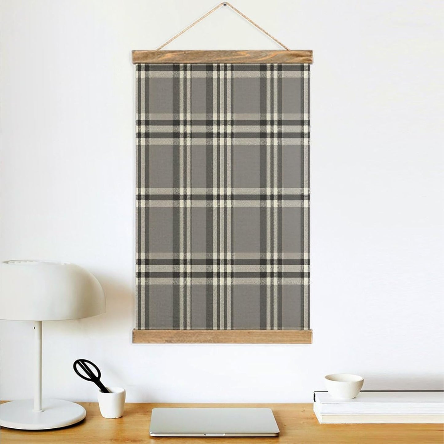 Vintage Gray Plaid Lines Poster with Wooden Frame Personalized Linen Hanging Scroll Painting Rustic Wall Hanging Illustrative Modern Artwork Decor for Home Living Room Bedroom Office
