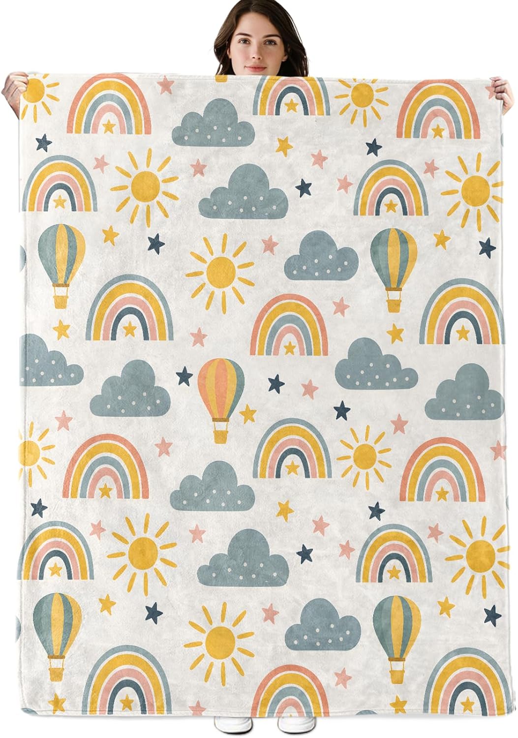 Cute Rainbow and Cloud Blanket, 60"x50" Flannel Cozy Lightweight Hot Air Balloon Throw Blankets Gifts for Couch Bed Living Room Decor, Soft Blanket for Women Kids