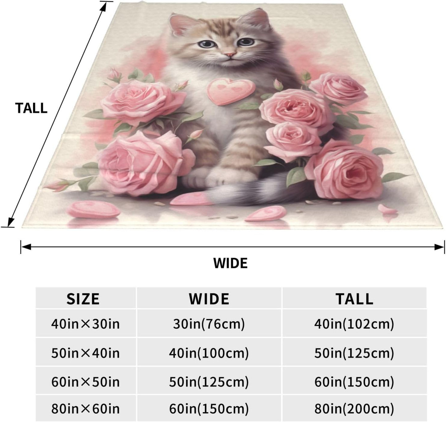 Cute Cat Blanket Pink Rose Flowers Kitty Blankets for Mom Girls Women Cat Gifts Flannel Soft Warm Cozy Fuzzy Throw Blankets for Bed Sofa Decor Valentine Day Gifts 50"x60"