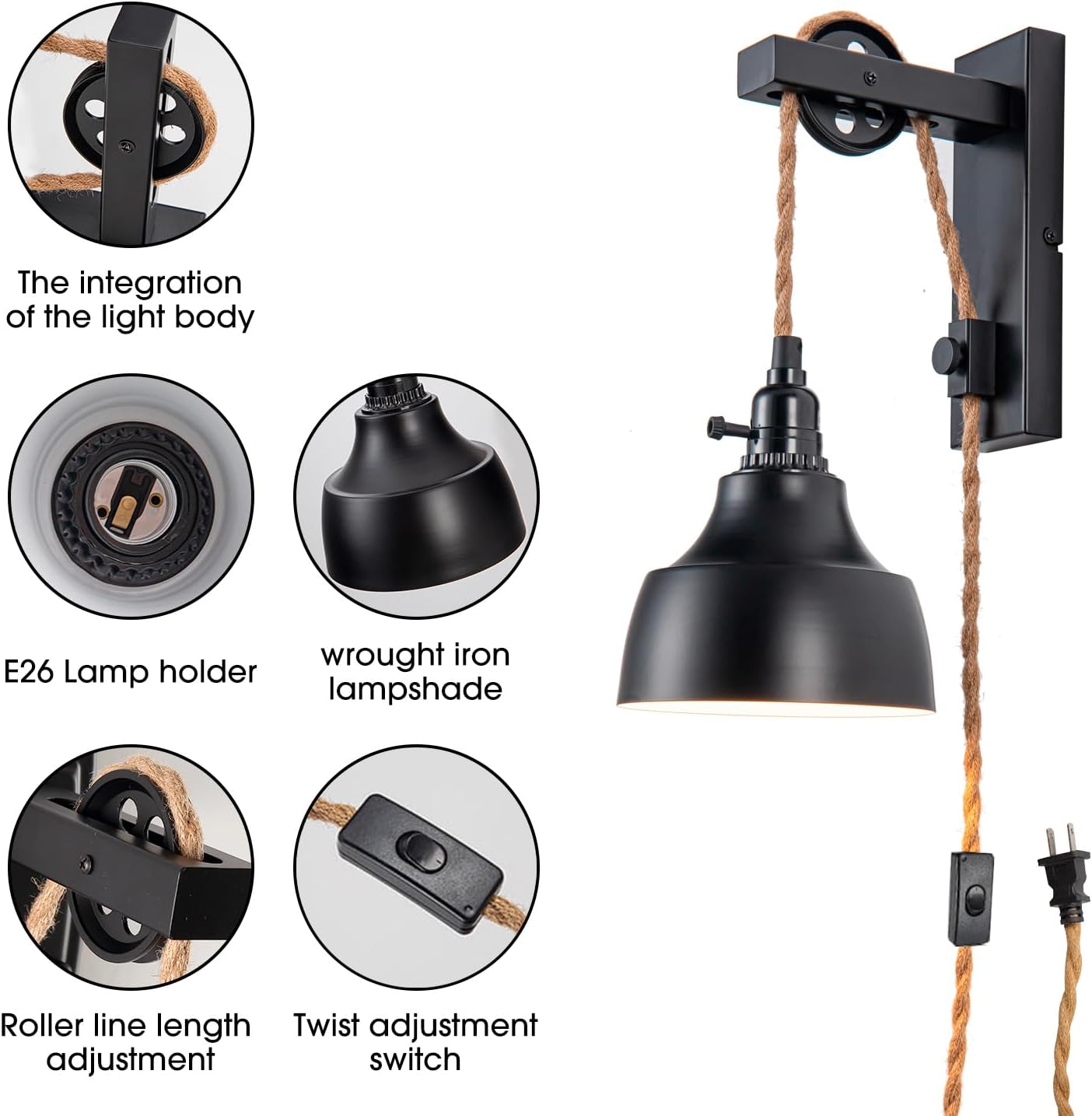 8FT Plug in Wall Sconces Pulley Wall Lamps Vintage Hanging Light Fixture Wall Lights with Plug in Cord On/Off Switch Set of Two Black Wall Lamp for Bedroom, Living Room and Hotel
