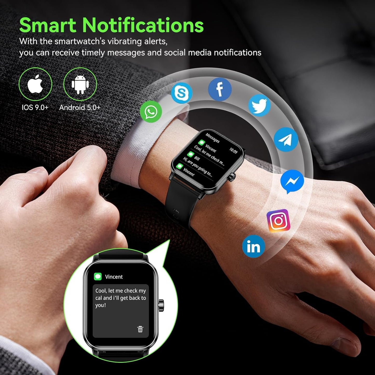 Smart Watch, 1.85" HD Fitness Tracker with Bluetooth Calls, 5 ATM Waterproof, 24/7 Heart Rate/Sleep Monitor, Pedometer, Calories, 130+ Sport Modes, Smartwatch for iOS Android (Black)