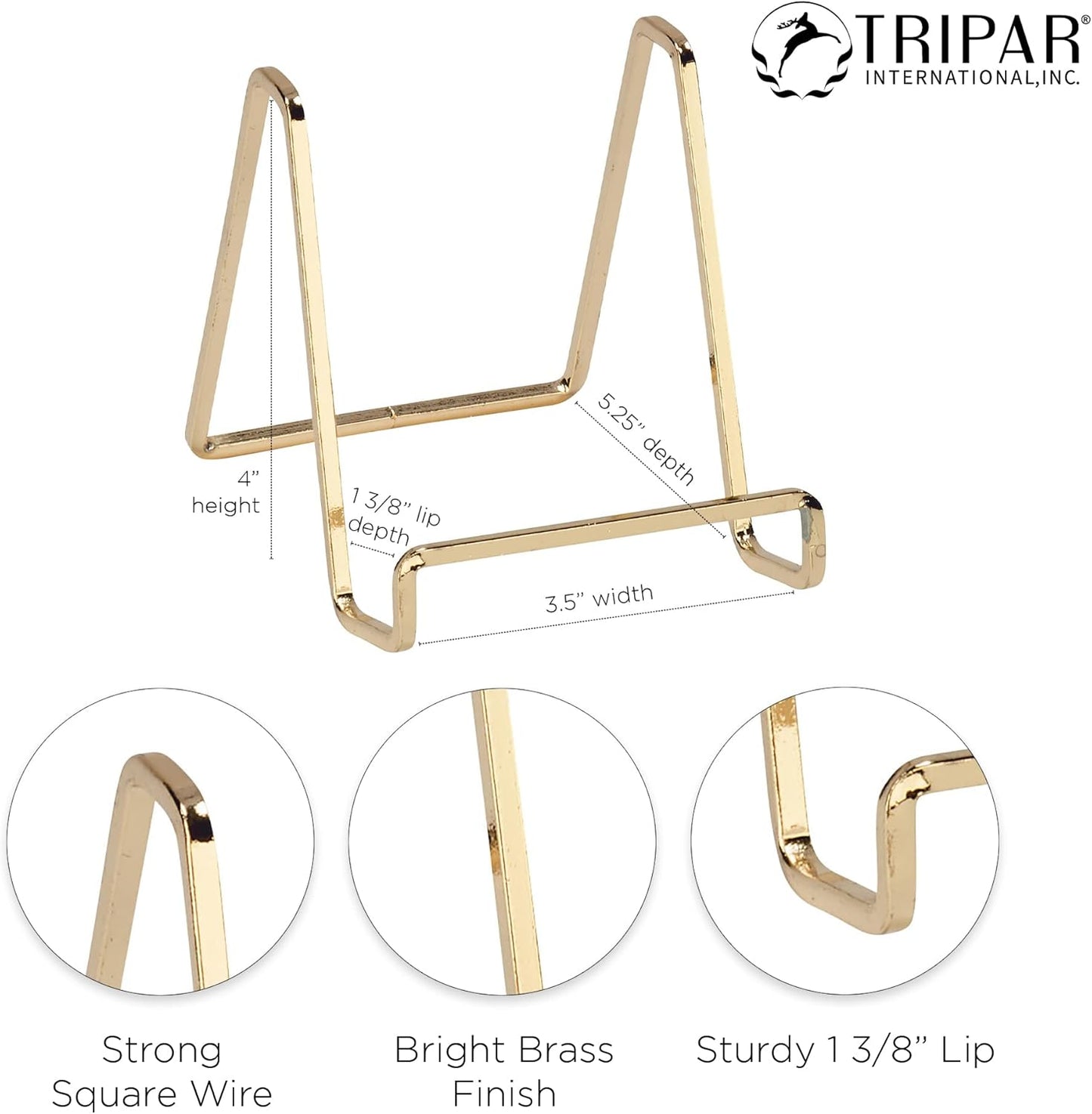 TRIPAR Square Metal Wire Stand, Brass Finish (4-Inch Depth) - Tabletop Easel Display - Handcrafted Edge Design For Sleek & Modern Look - Perfect for Books, Plates, Photos & More