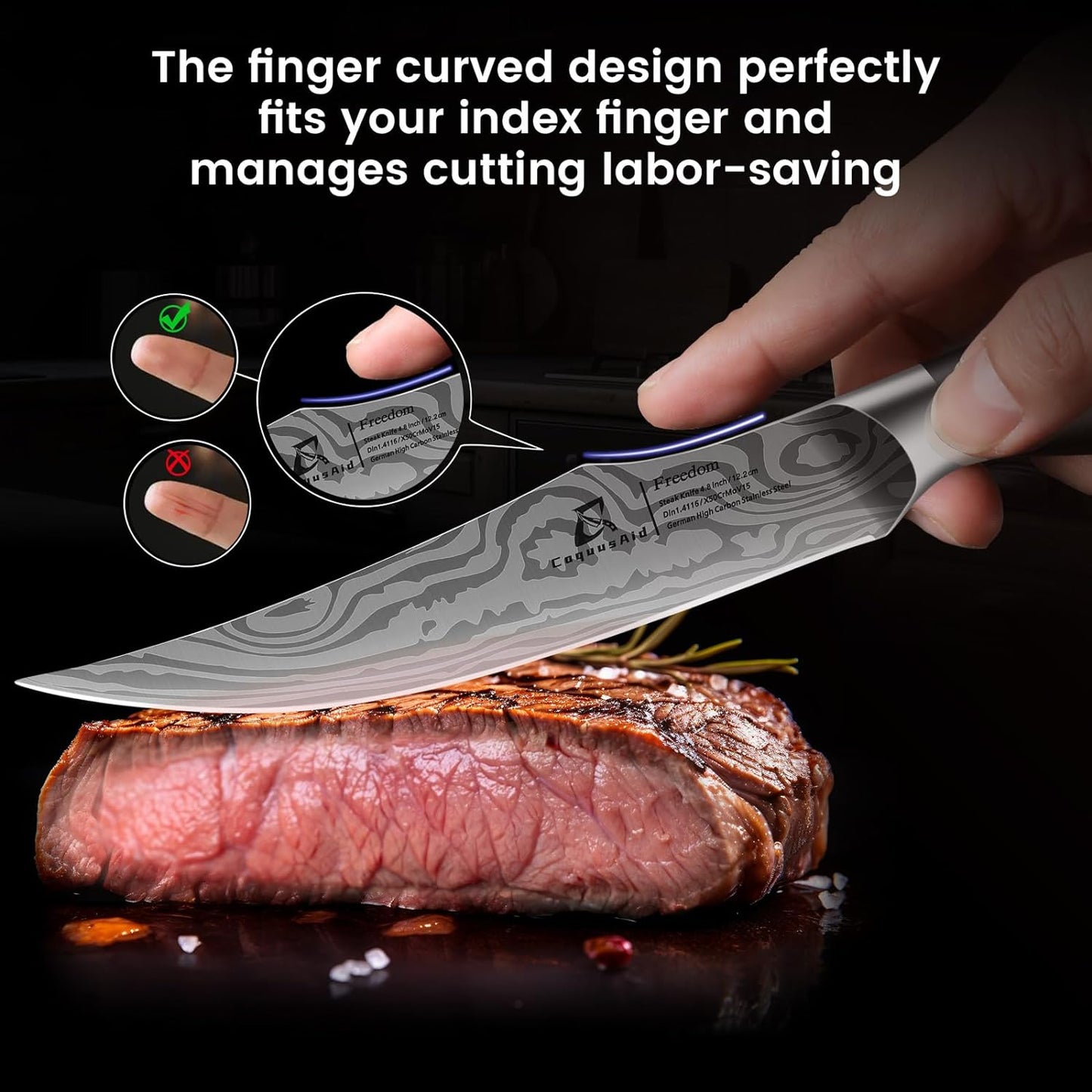 Steak Knives Set of 6, 4.8 Inch Non Serrated Razor-Sharp Durable Dinner knives with Rest, German Stainless Steel Damascus Pattern Full Tang Forged, Rust Resistant & Easy to Maintain