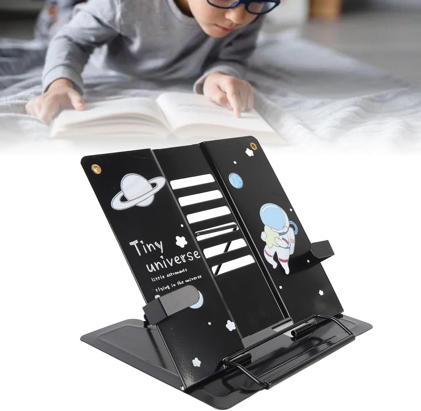 Small Metal Desk Book Stand, Adjustable Book Holder, Cute Book Stand for Reading, with Exquisite Pattern Design, Stable and Portable for Recipes, Textbooks, Tablet, Music Books