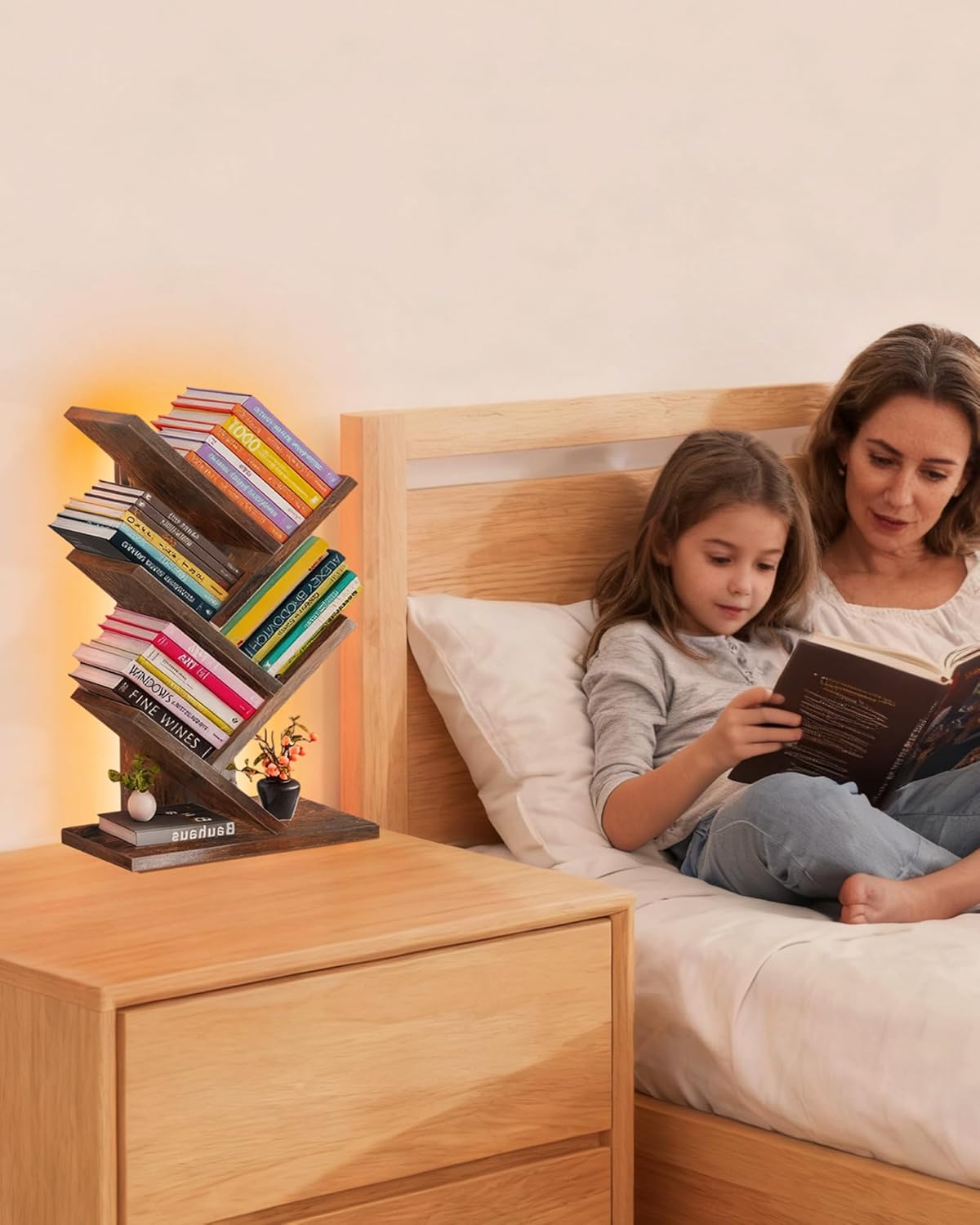 Godferyxin Tree Bookshelf with Liting,Small Bookshelf LED and Desktop Book Shelf for Office, Home or School Mini Bookcase for Wood Displaying Books, CDs, Magazines Wood Shelf Rack