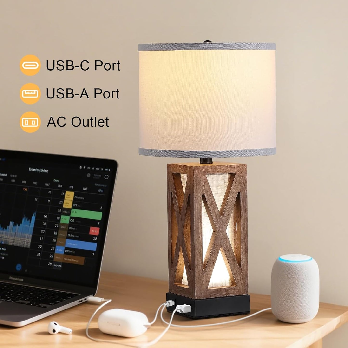 Wood Table Lamp with 3 Color Temperatures, Nightstand Table Lamp with AC Outlet, USB A & C Charging Port, Bedside Lamp for Living Room, Bedroom, Office Reading, Burlywood