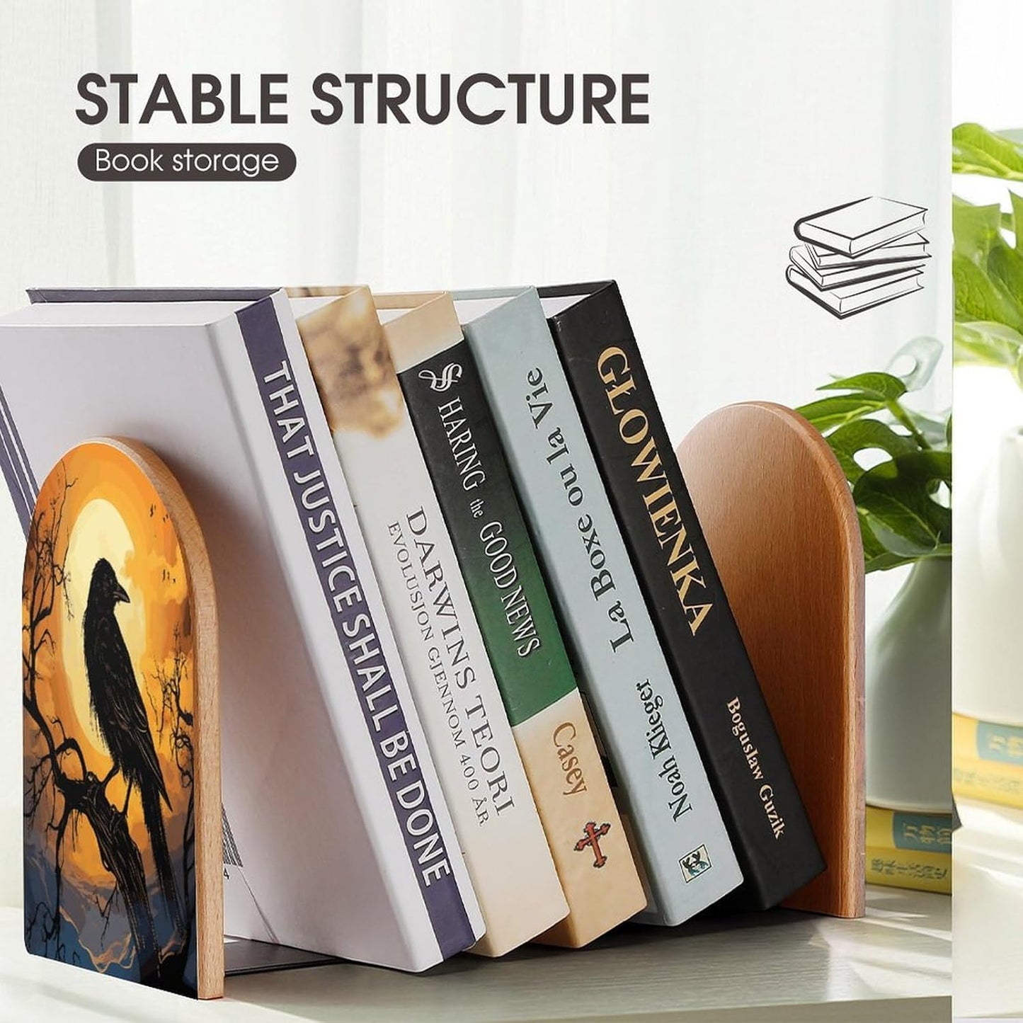 Non-Slip Bookend for Shelves Crow Wooden Bookends with Metal Base Decorative Book Stopper for Home Heavy Duty Wood Book Storage for Books/CDs