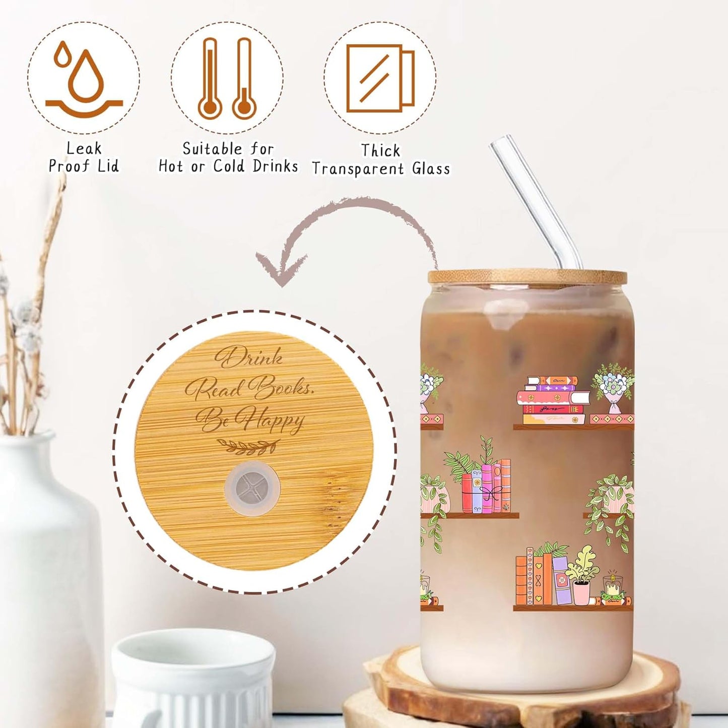 Book Lover Gifts Unique Bookish Glass Cup with Engraving Cup Lid Reading Accessories Birthday Gifts for Read Lover Book Club Gift, Presents for Readers Women, Bookworm
