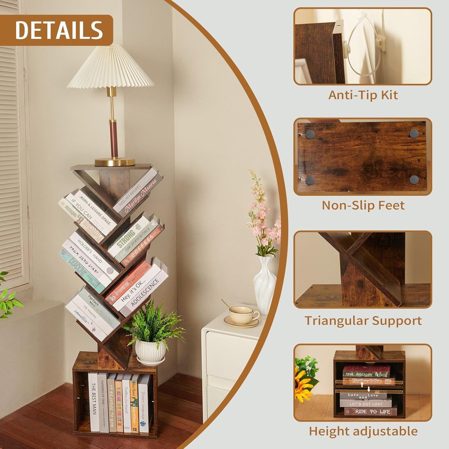 7 Tier Tree Book shelf, Small Bookcase with Reading Planner and Activity Panel, Modern Floor Standing Corner Tall Narrow Storage Cabinet Bookshelves for Home Office Bedroom Living Room (Rustic Brown)
