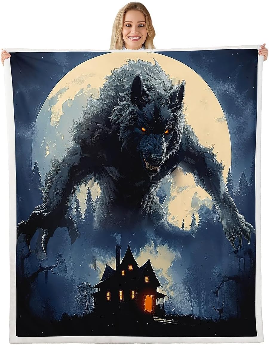 Howling Wolf Throw Blanket,Gothic Castle Blankets Kids Boys Teens Men Room Decor,Western Moon Night Werewolf Theme Fleece Blanket Horror Wild Animals Sherpa Blanket,for Chair/Sofa,50"×60"