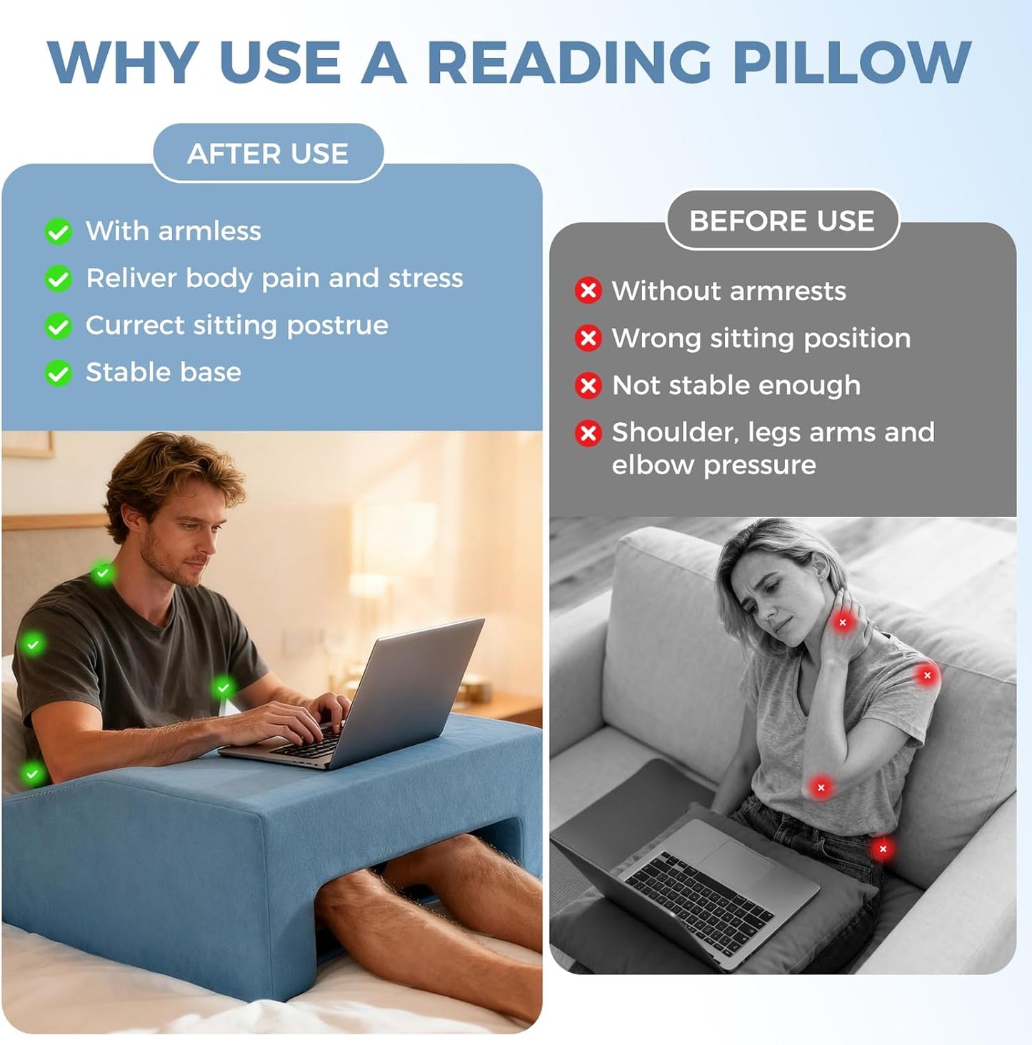 Reading Pillow for Gaming Lap Desk Pillow for Laptop Memory Foam Bed Desk for Reading Working Crocheting Gaming Arm Rest on Bed/Sofa/Floor/Couch/Car (Blue)