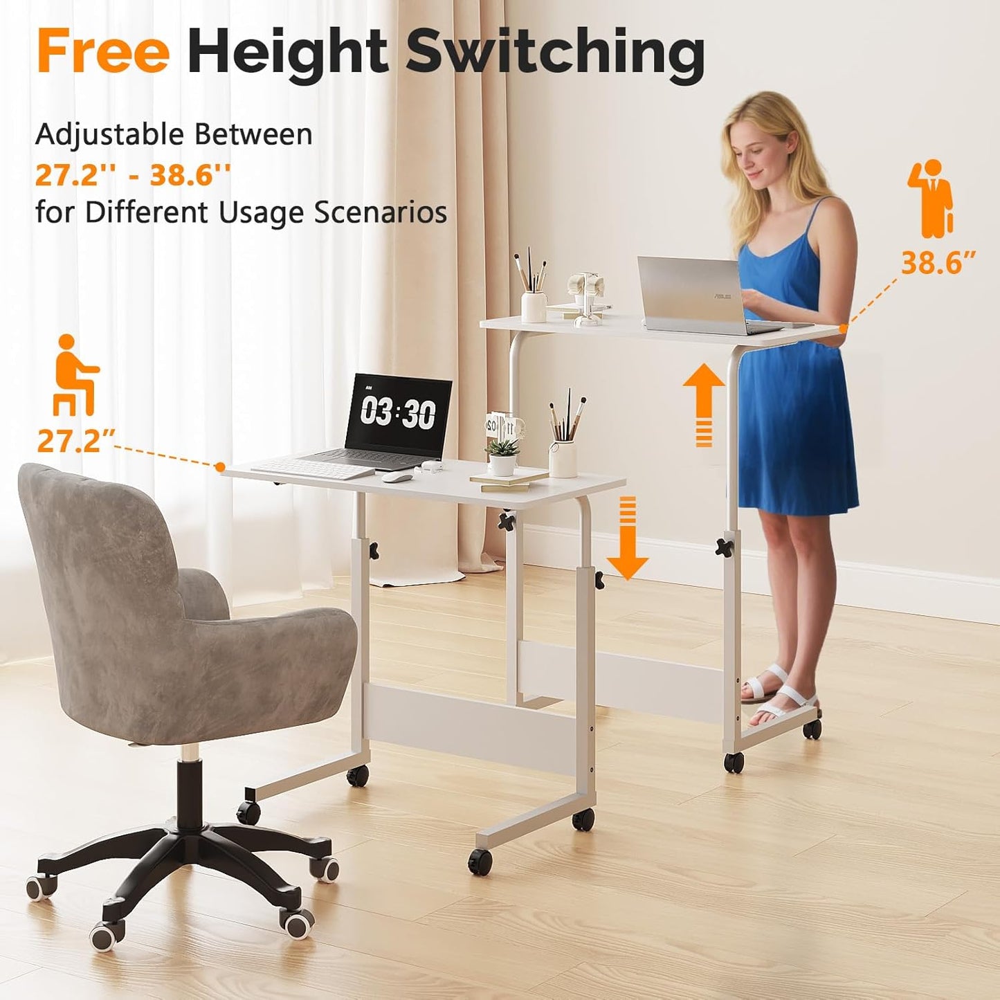 FCH Portable Computer Workstation, Standing Desk Adjustable Height, Small Computer Desk w/Rolling, Sit Stand Laptop Desk TV Tray for Bed Sofa Hospital Reading Eating, Rustic Brown, 23.6"
