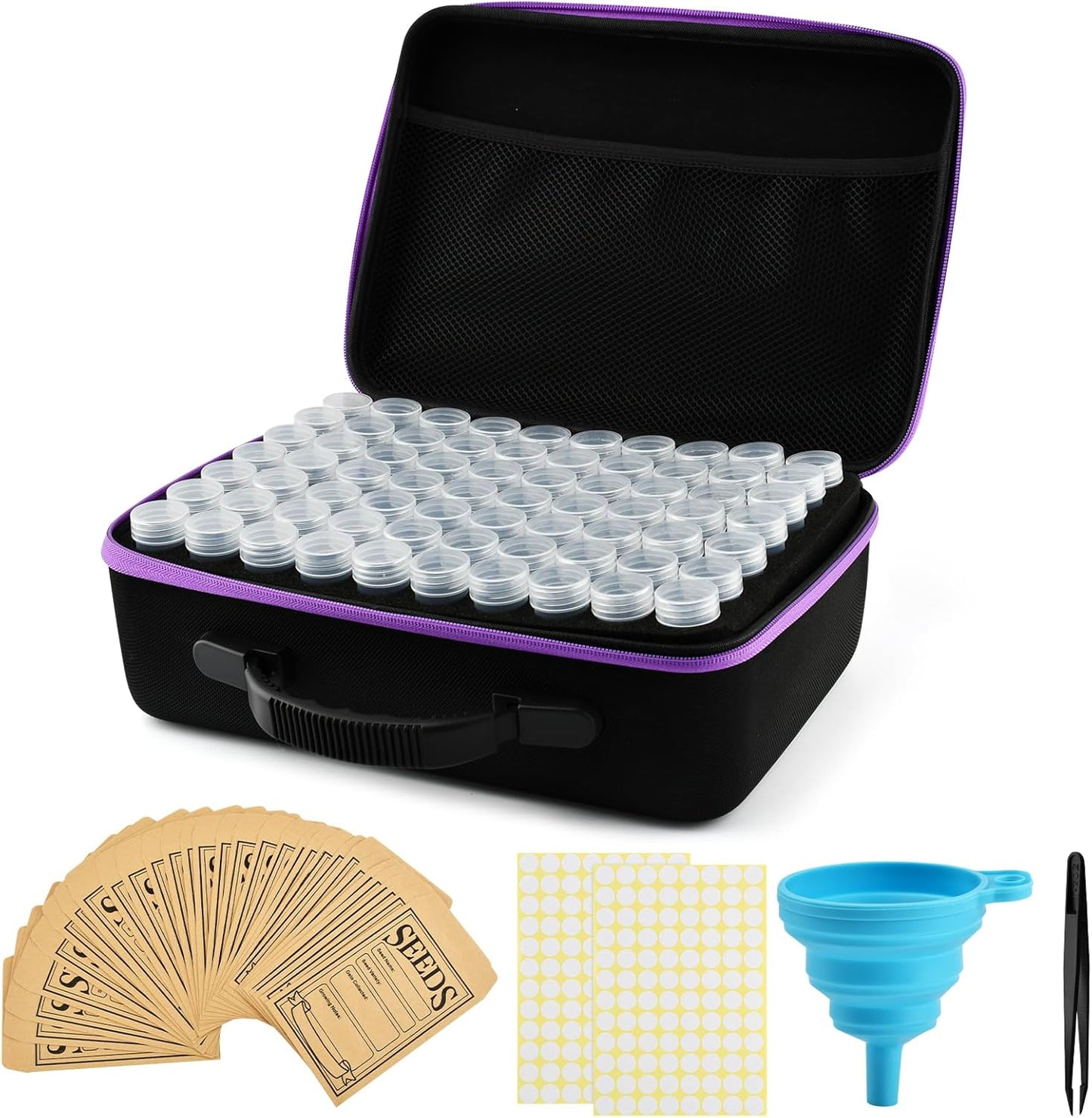 Seed Storage Organizer Box with 140 Slots and Plastic Bottles, Portable Garden Seed Vault Kit with Envelopes,Labels,Funnel,Tweezers, Lightproof EVA Storage Case for Home Gardening