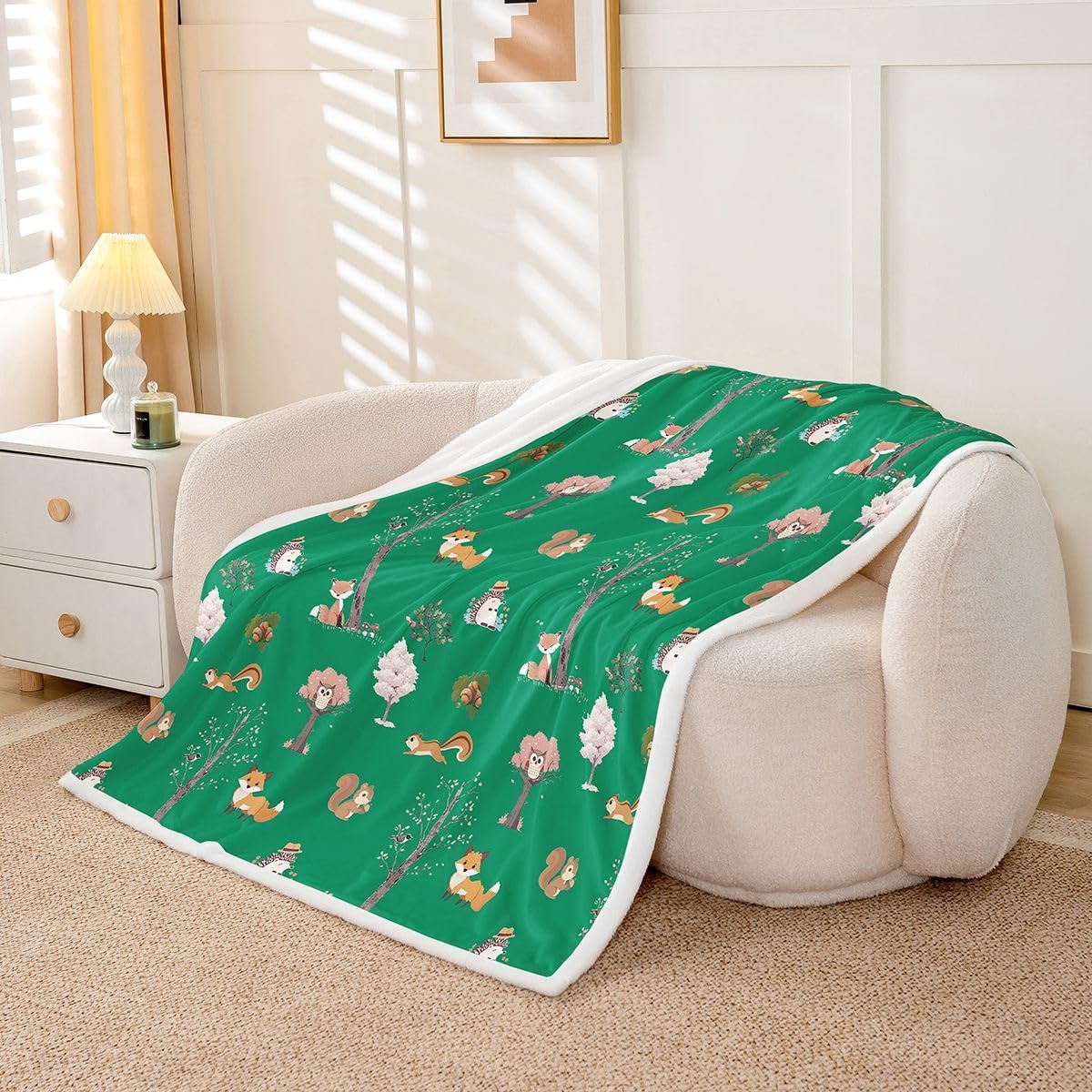 Feelyou Woodland Forest Animals Sherpa Throw Blanket for Couch Green Cartoon Animal Super Soft Cozy Fleece Forest Theme Blanket for Winter, Plush Throw Baby 30"x40" All Season