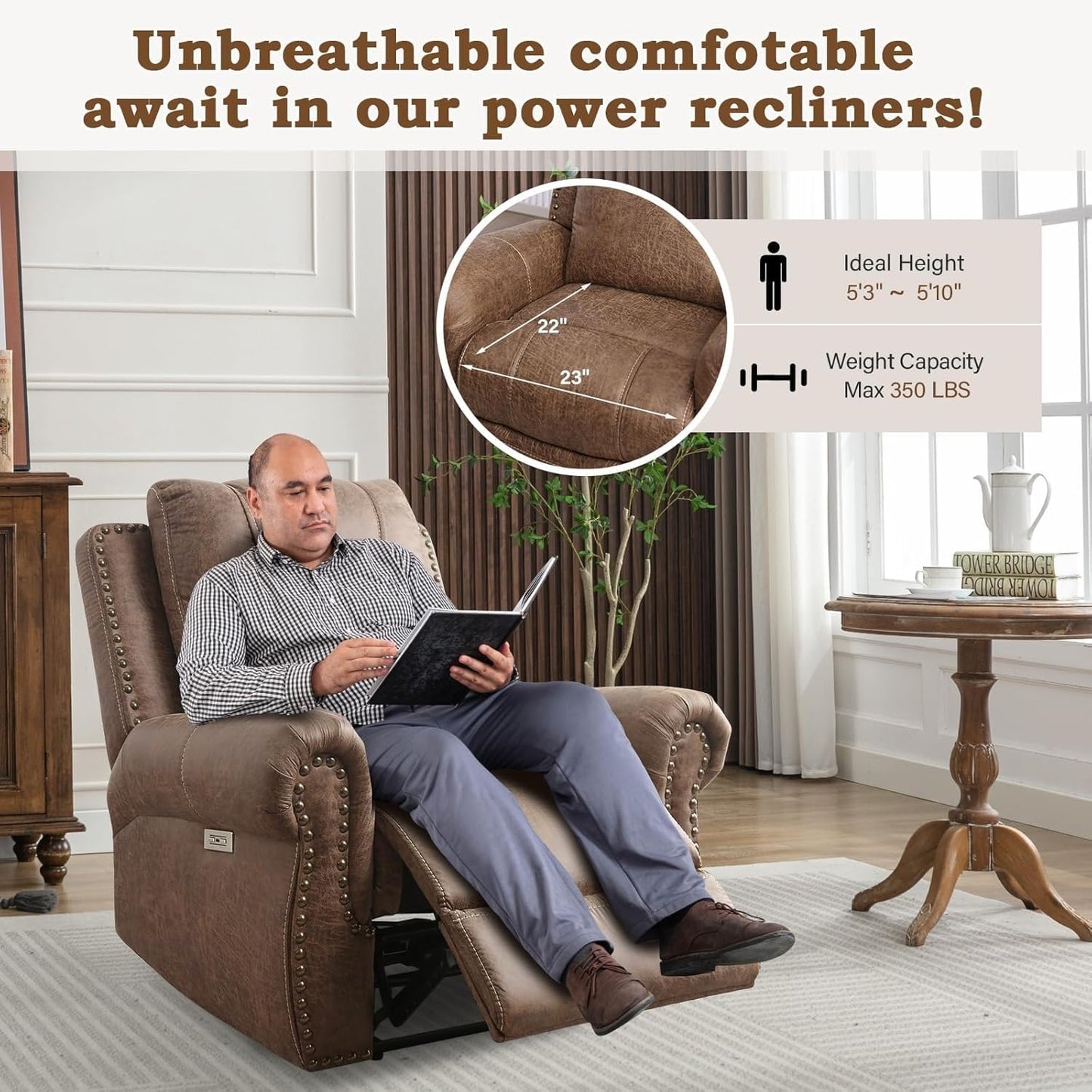 Power Recliner Chair with USB Ports, Breathable Lounge PU Leather Upholstery, Comfortable Arms Back Headrest, Single Sofa Chair for Living Room Bedroom