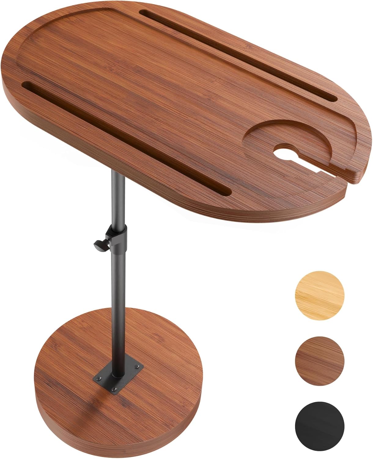 NiHome Bamboo Swivel Sofa Armrest Tray Table for Couch with Thickened Stable Base, Adjustable Height TV Tray Side Table with 360° Rotating for Bath Tub Hot Tub Bedside Balcony, Brown