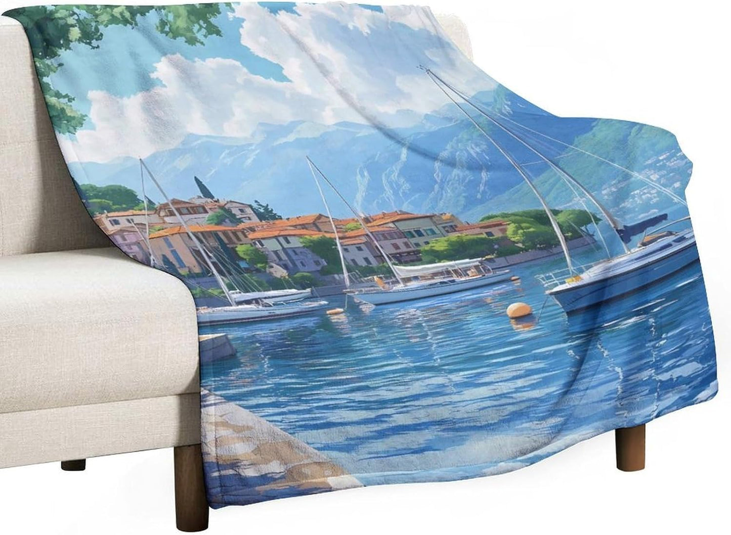 Italy Lake Como Boat Throw Blanket for Couch Bed Plush Cozy Fuzzy Flannel Blanket for All Season 55"x70"
