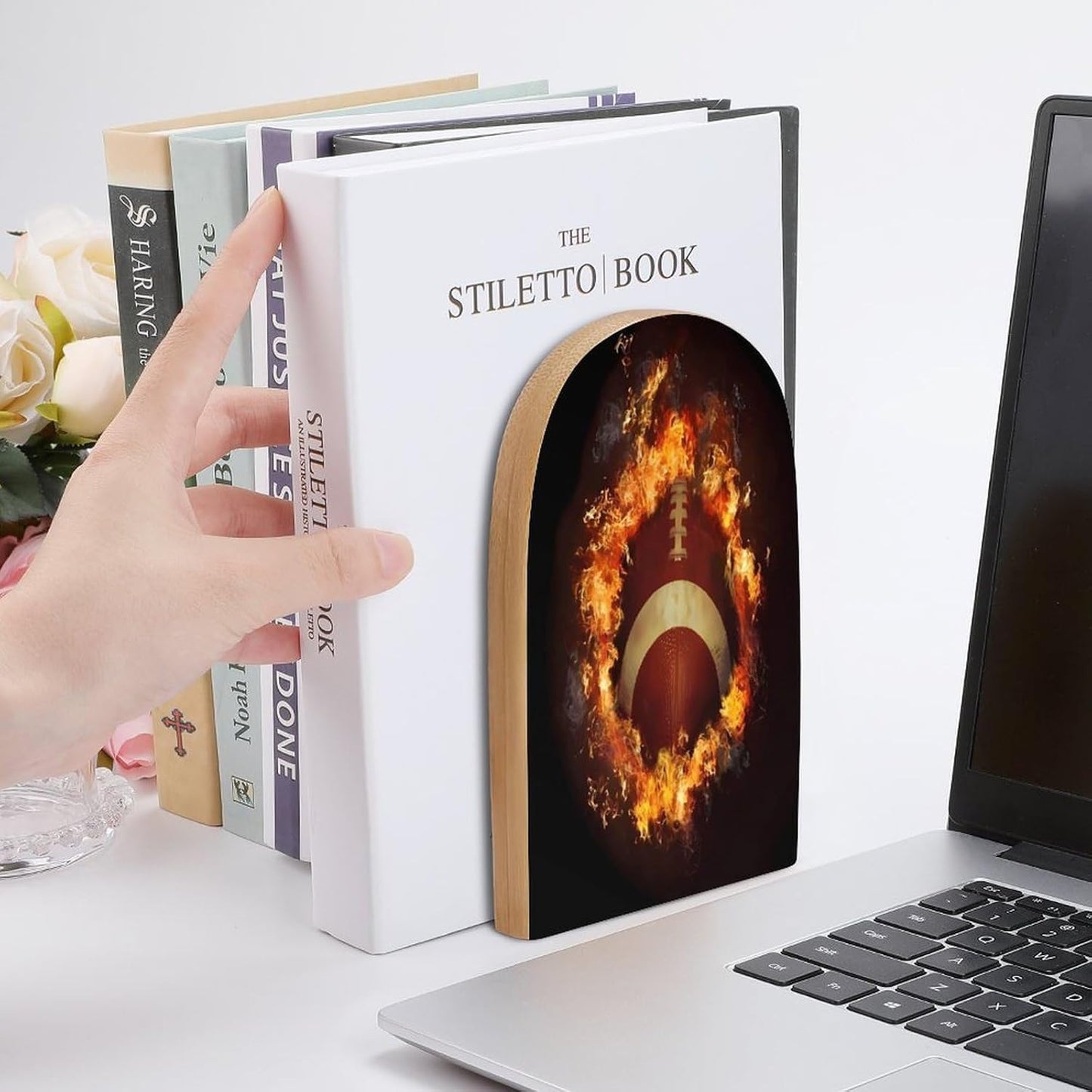 Flaming American Football Wooden Bookend Non-Slip Book Ends Heavy Duty Book Stopper with Metal Base Books Holderd Decorative Bookends Stands Firmly for Office Supplies