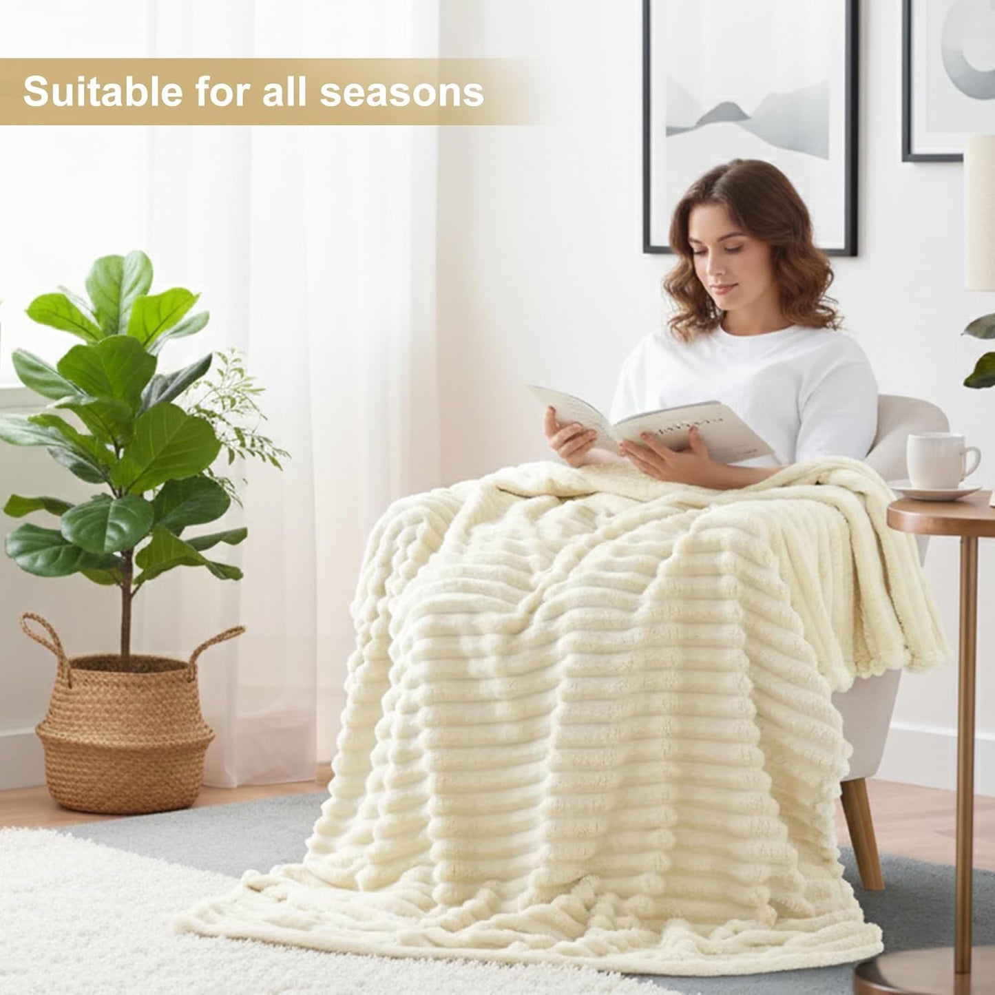 decorUhome Soft Fleece Beige Twin Blanket for Bed, Cozy Fluffy Plush Flannel Striped Throws for Couch Sofa, Lightweight Decorative Ribbed Fuzzy Blanket for Woman, 60x80 Inches