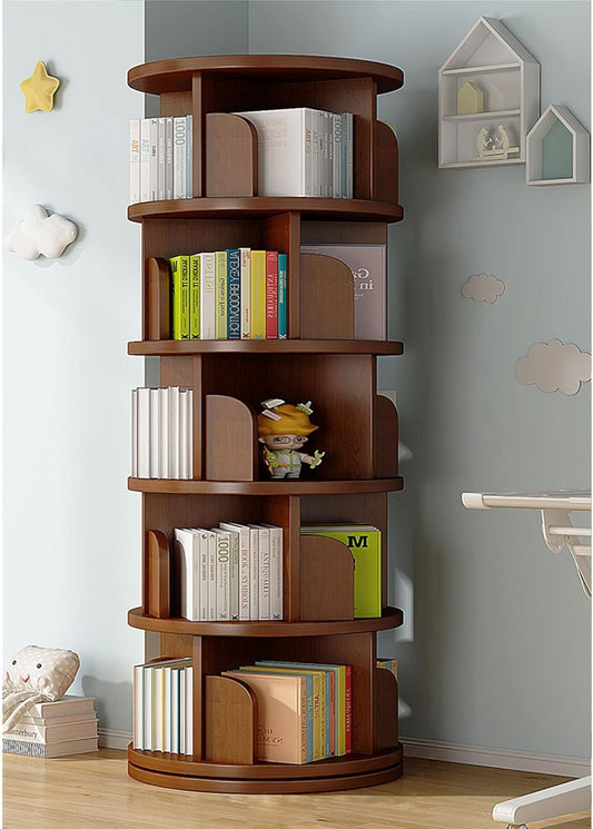 3/4/5/6Tier Solid Wood Rotating Bookshelf Tower Corner Bookshelf For Small Space, Spinning Bookcase Revolving Bookcase Stackable Bookshelf Organizer For Bedroom, Living Room(Brown-Five layers)