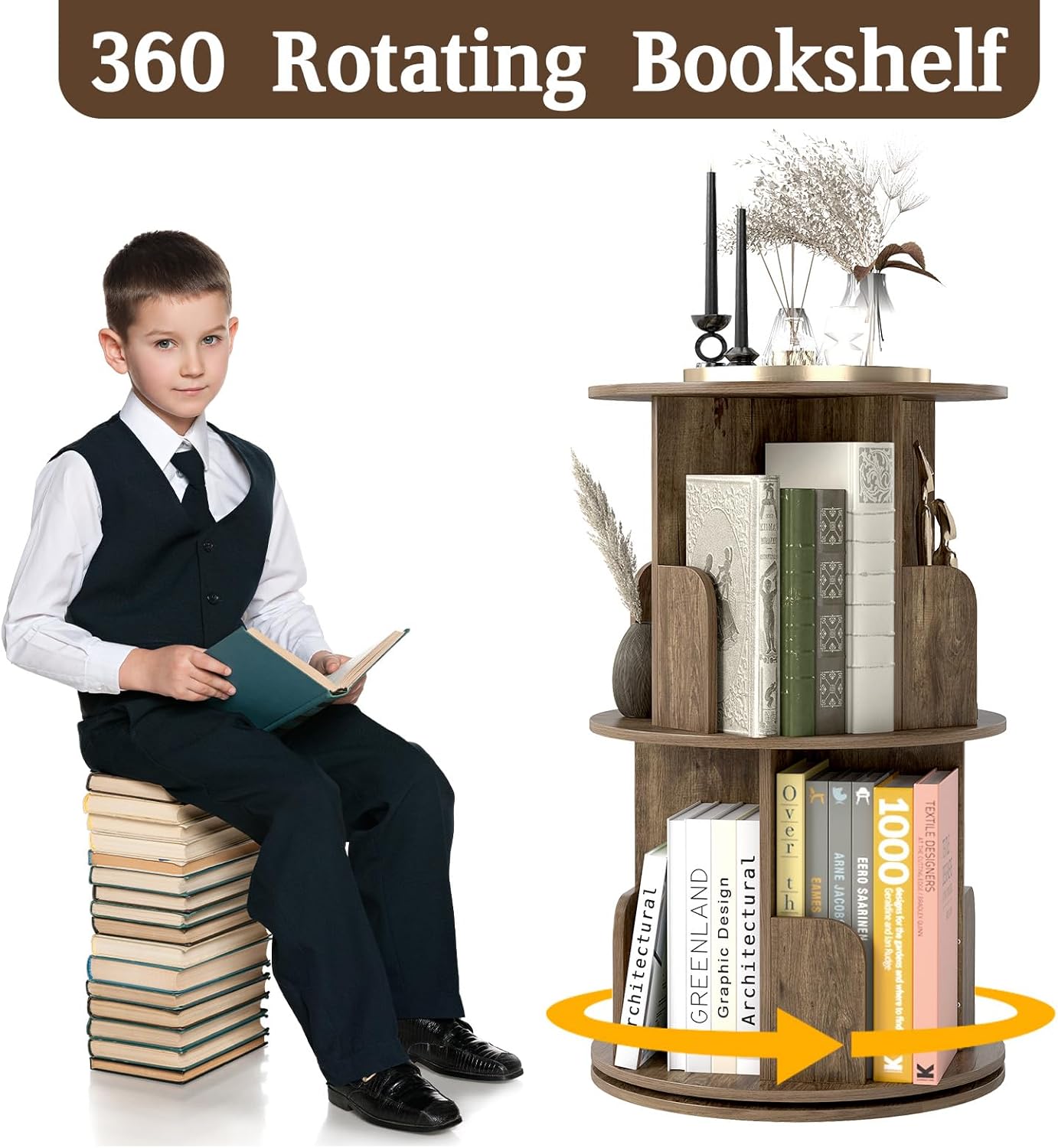 2-Tier Rotating Bookshelf, 360° Display Revolving Bookcase Space-Saving Storage Round Shelf for Corners, Living Room, Bedroom, Office, Kids Room (Light Brown)