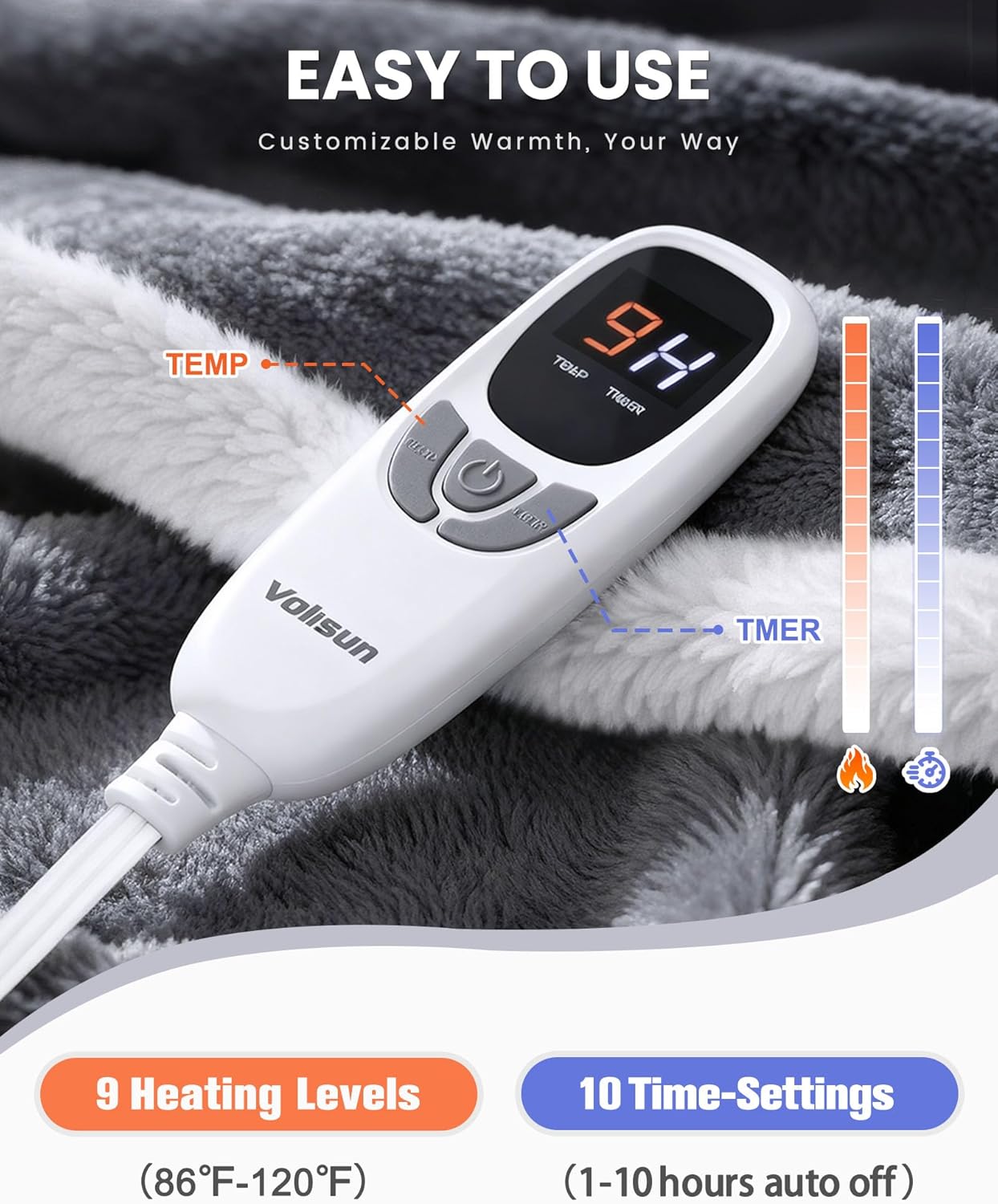 VOLISUN Wearable Heated Blanket with Foot Pocket,Electric Throw Blanket with Sleeves,9 Heating Levels & 1-10 Hours Auto Shut Off,50x70 Inch,Grey