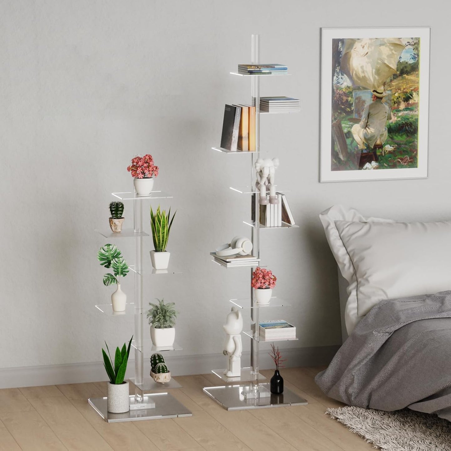 Nynelly 9 Tier Acrylic Bookshelf Invisible Bookshelf, Height Adjustable Vertical Spine Book Tower, Floor Standing Bookcase Display Shelf for Books,Decor, DIY Open Bookcase for Office, Living Room