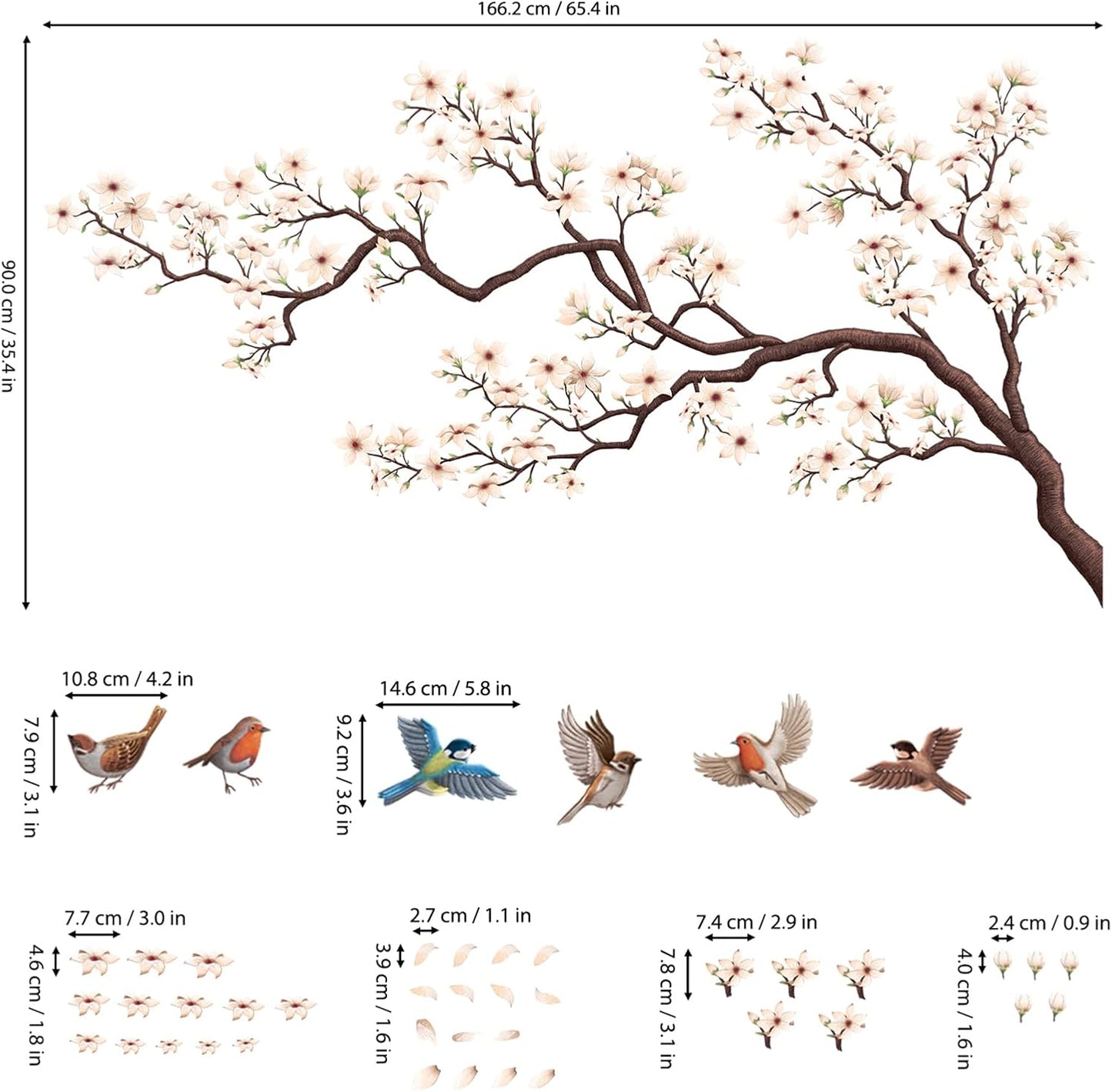 DECOWALL SG4-2317 Oriental Flower Tree Wall Stickers declas Kids Bedroom Cherry Blossom Birds Branch décor Decoration Floral Home Living Removable Nursery Mural DIY Room