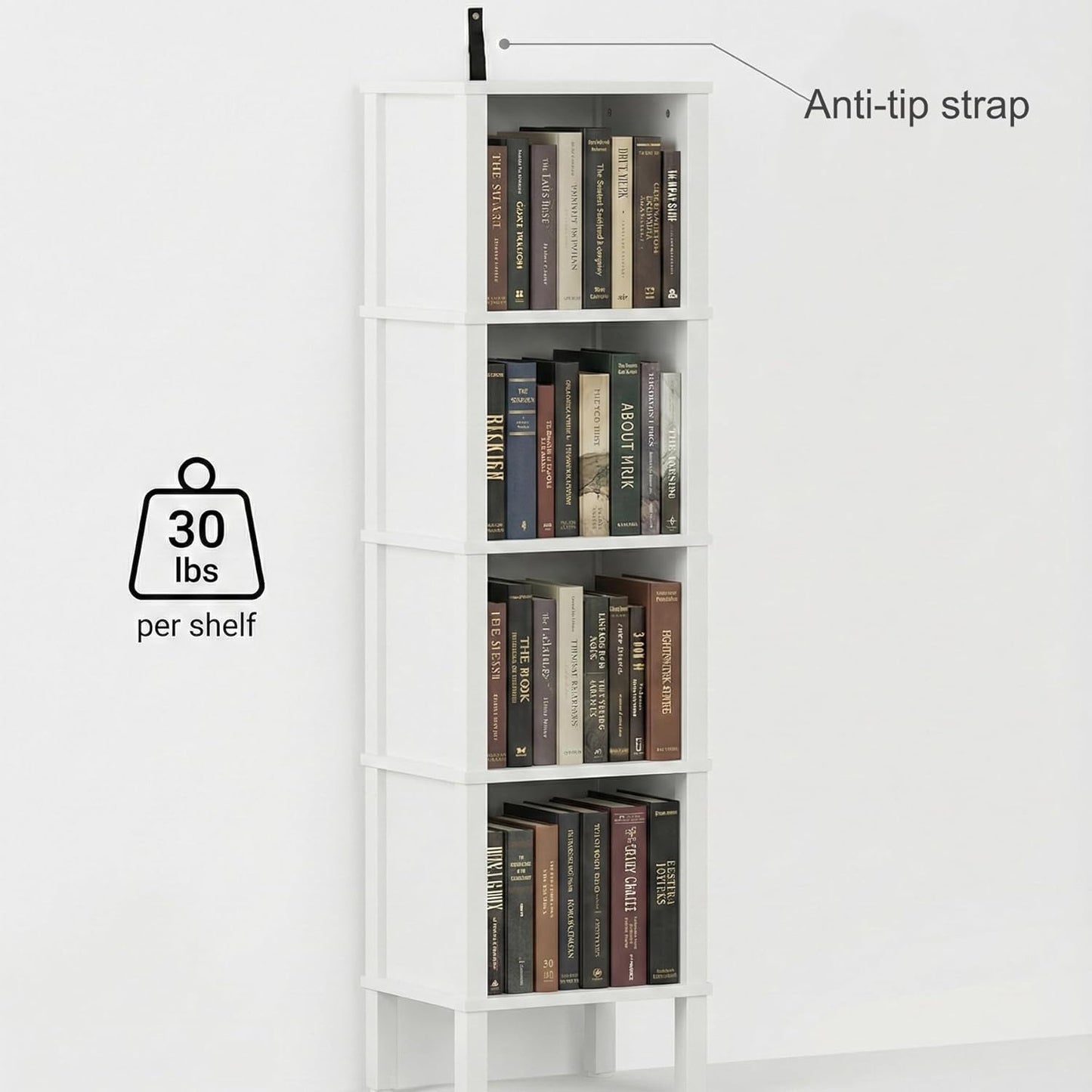 4-Tier Narrow Bookshelf for Small Spaces, Modern 4 Cube Bookcase, 14.2 x 11.2 x 52 Inches, Skinny Storage Shelving Unit, Open Display Rack for Bedroom, Living Room, Home Office,Corner (White)